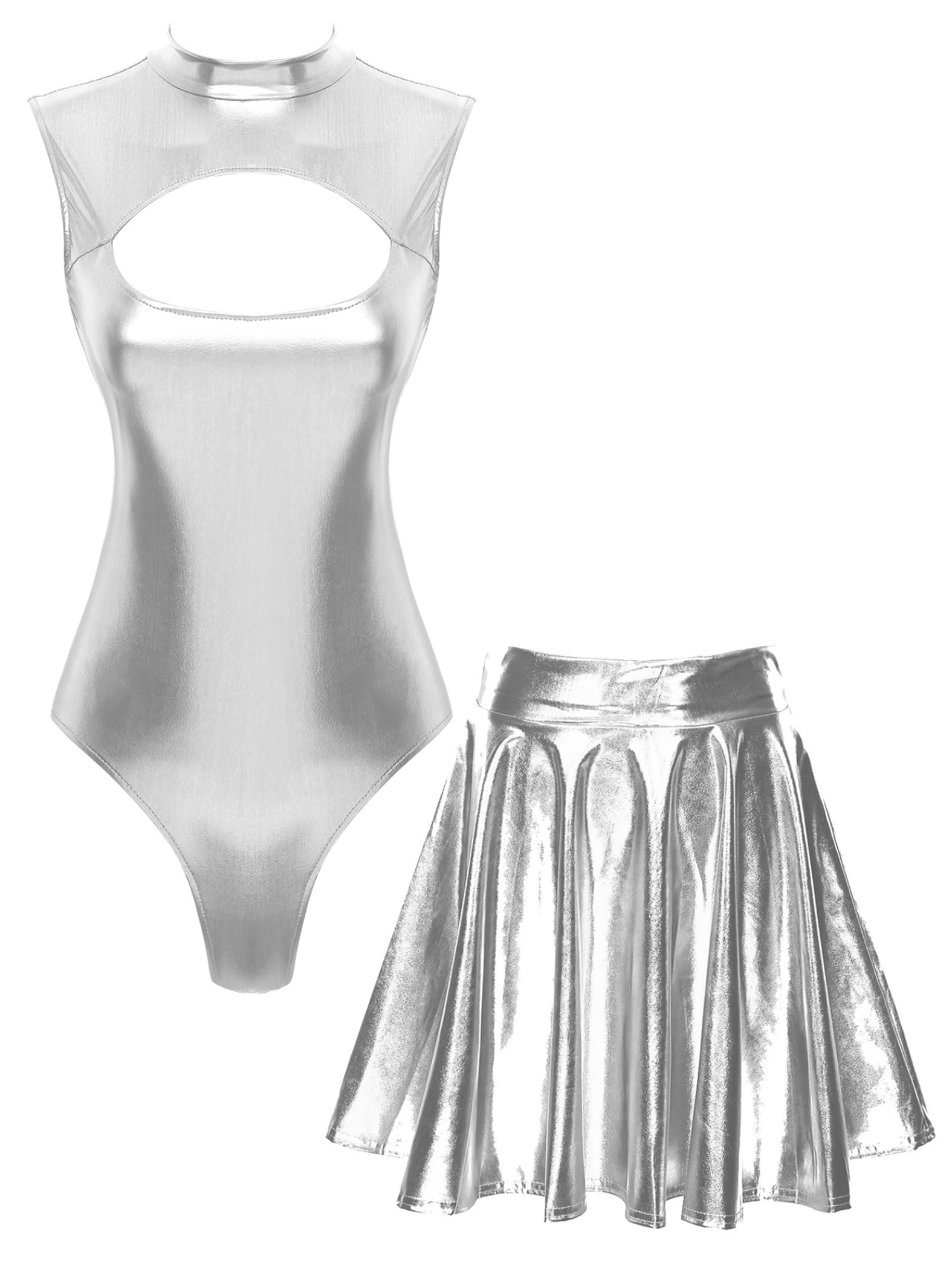 Donna Tutina Ginnastica Metallizzata Iridescente Brillante Body Senza Maniche con Gonna Plissettata Abbigliamento da Danza Set per Disco Carnevale