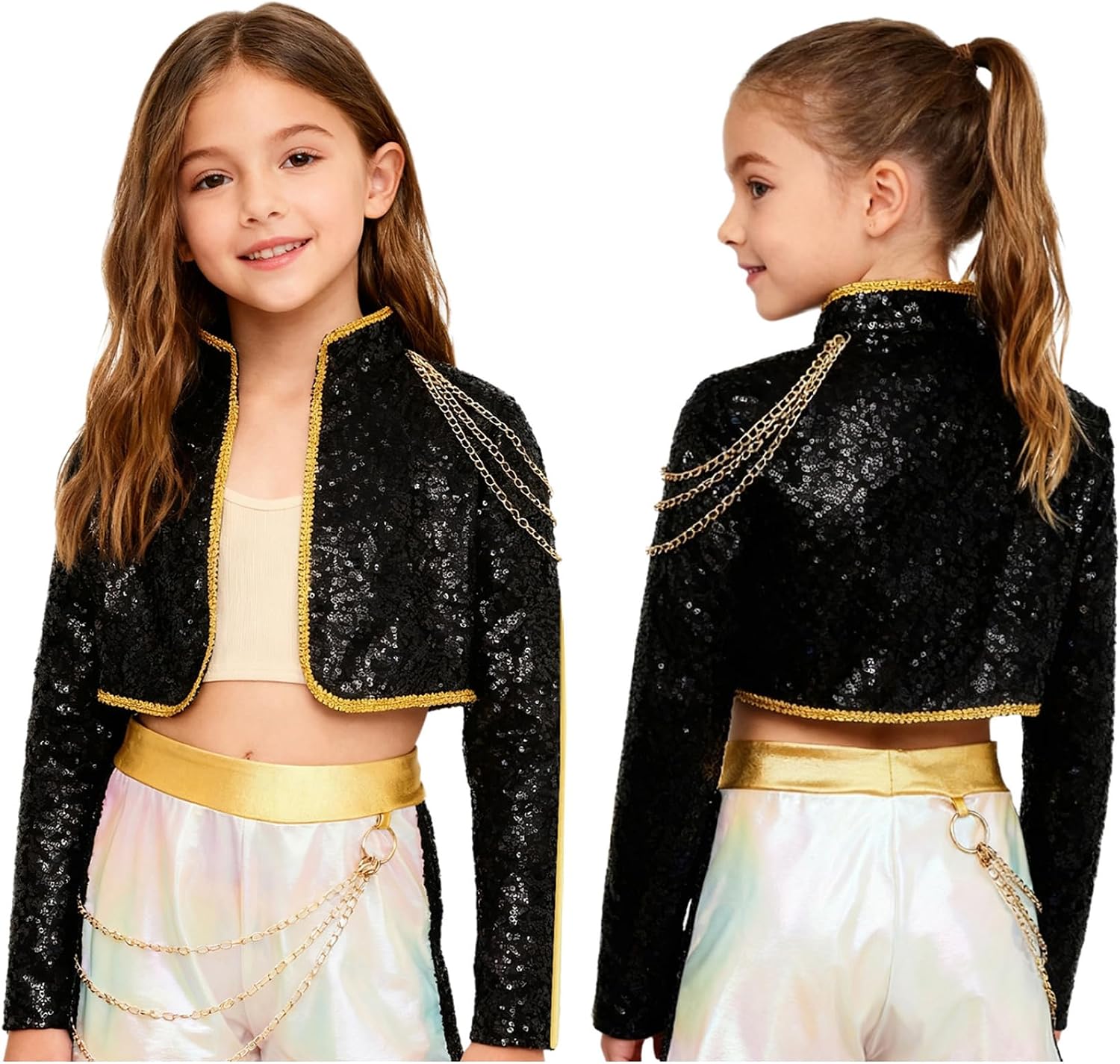 JEYPINMI Girls Sequin Crop Top Popular Singer Glitter Short Coat Music Festival Concert Dance Jacket