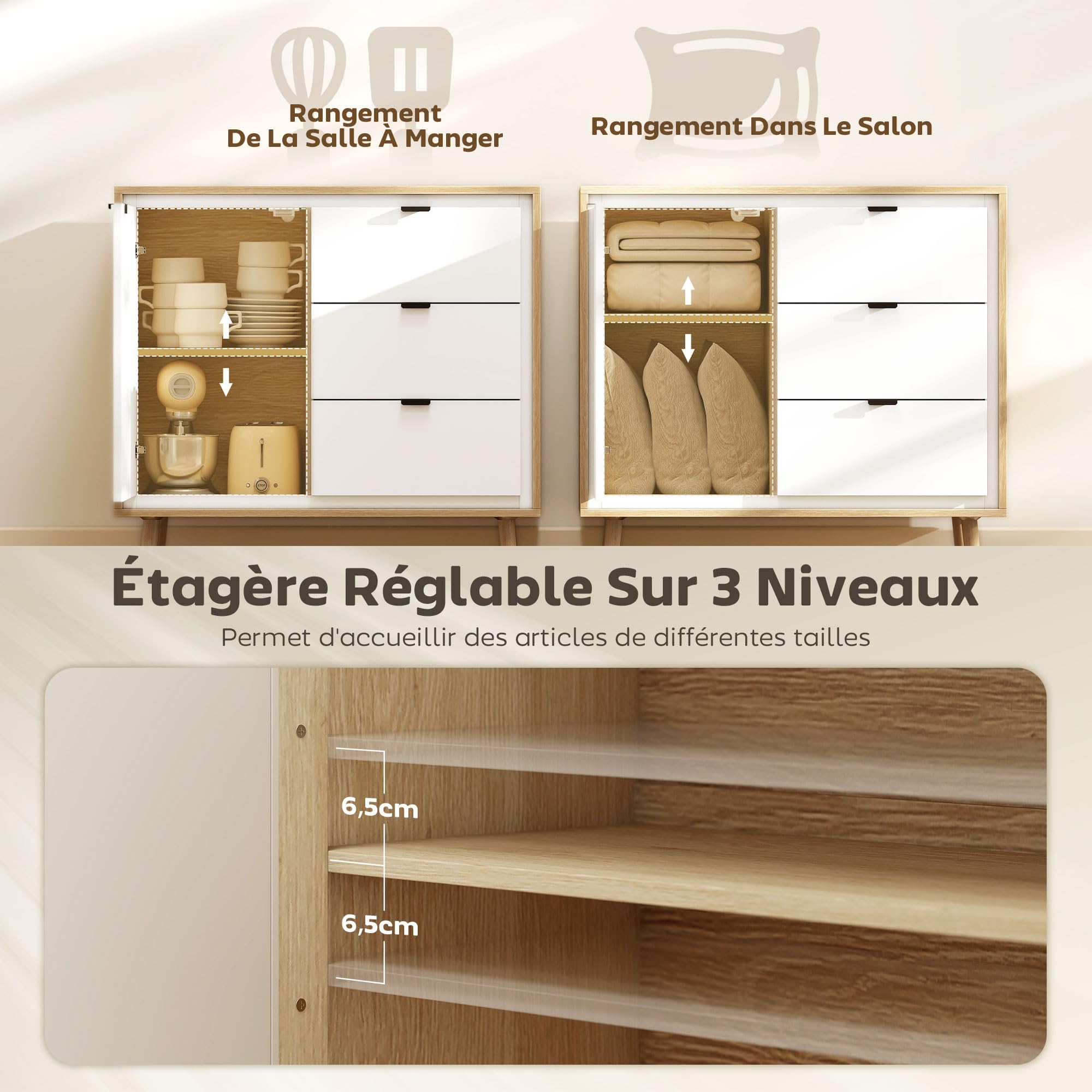 HOMCOM Buffet Salon Meuble de Rangement Armoire de Cuisine avec Placard à 2 Portes 3 tiroirs et étagère réglable, Style Moderne Buffet Salle à Manger et Salon, 80 x 35 x 77 cm, Blanc