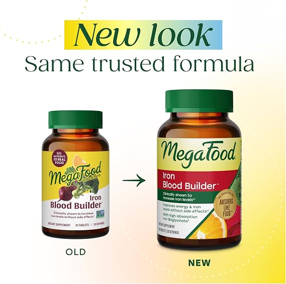 MegaFood Blood Builder Iron Supplement for Women & Men Increase Iron Levels Without Side Effects Improves Energy Levels B12, Folic Acid & Vitamin C for Absorption Vegan, Non-GMO - 180 Tablets