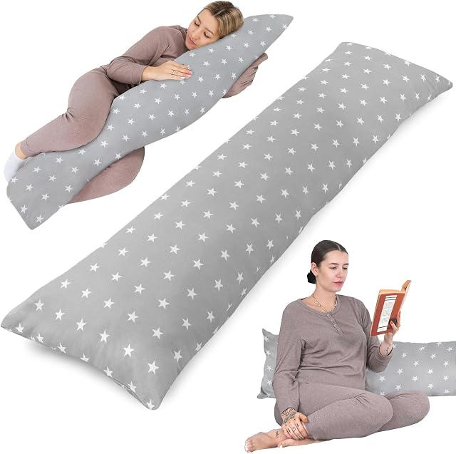 Poduszka do spania na boku z bawełnianym pokrowcem 40 x 145 cm - poduszka komfortowa poduszka do spania poduszka do spania na boku poduszka na ciało poduszka do spania na boku białe gwiazdki na szarym