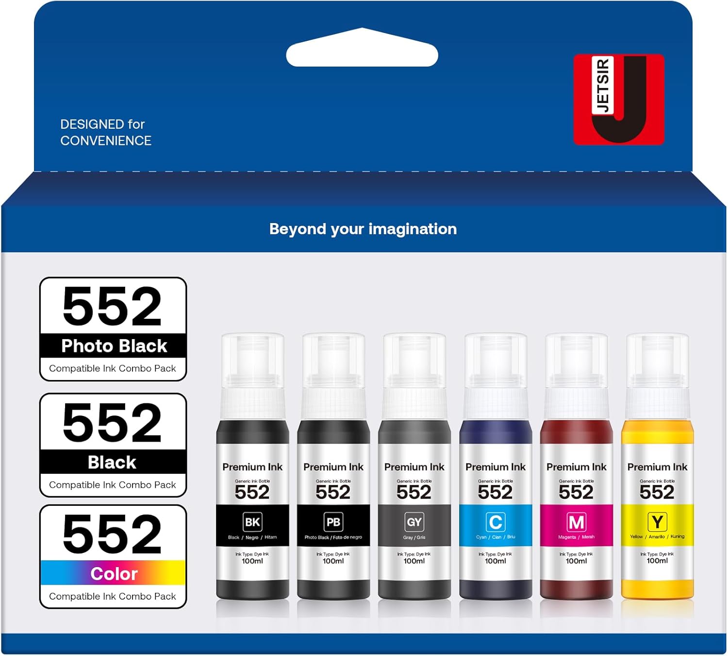 552 Ink Bottles 6 Pack ET-8550 ET-8500 Replacement for 552 Ink Refill Bottle Work for Photo ET 8550 ET8550 Photo ET 8500 ET8500 8550 8500 Printers (BK PB C M Y GY)