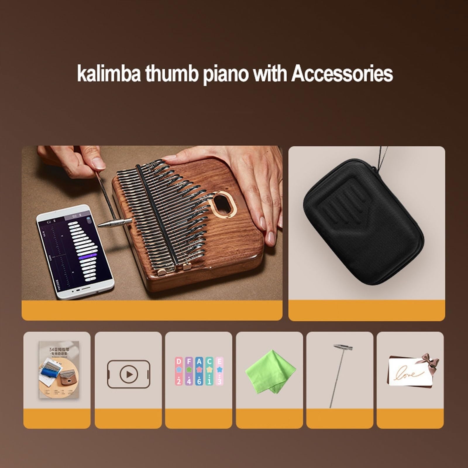 Kalimba Instrument 34 Tasten Holz Tragbar Komfortabler Griff, Daumenklavier Anfänger Musikliebhaber Fingerklavier Mit Noten Stimmungshämmer, Musikführer(Brown B)