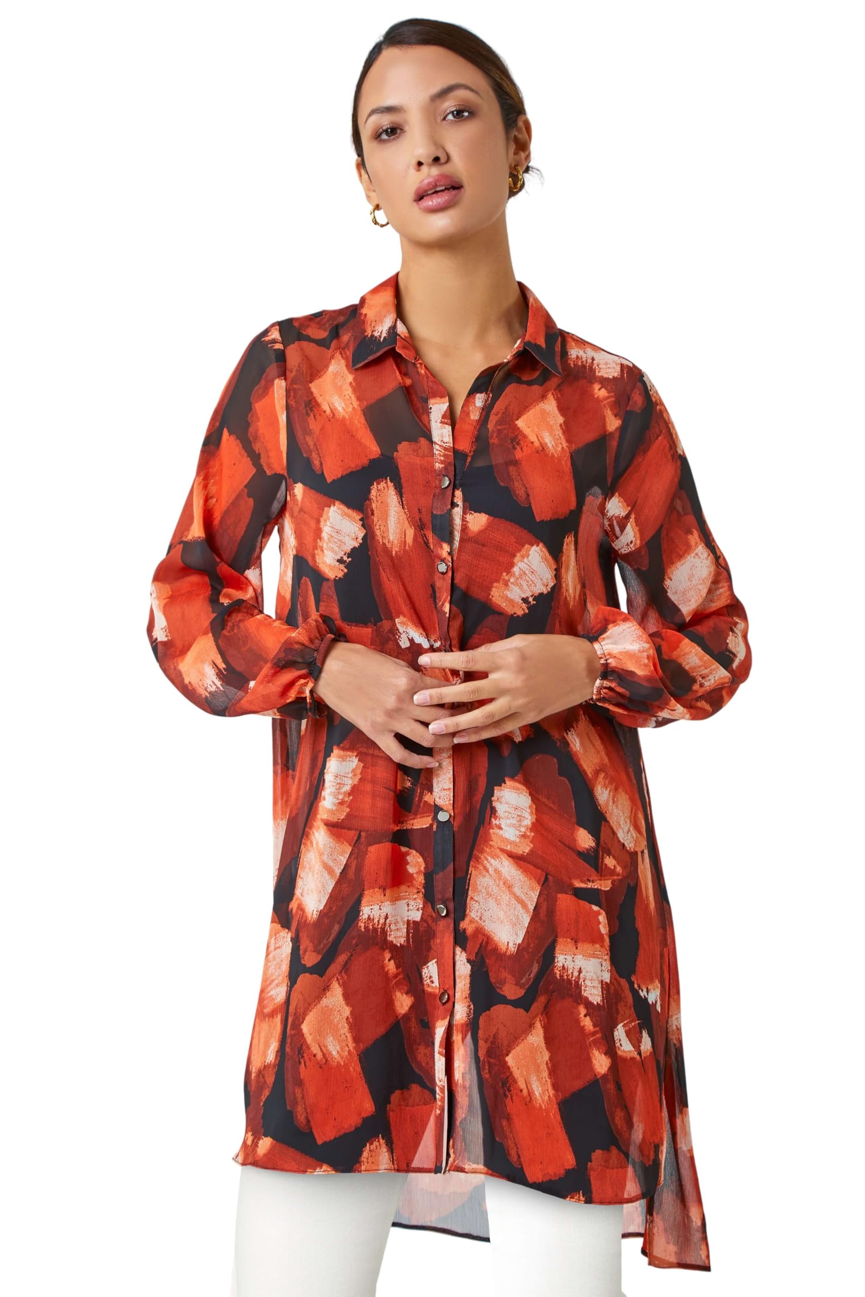 Roman Originals Women's Rust Roman Abstract Print Longline Blouse For Uk - Autumn Everyday Winter Holiday Long Sleeve Soft Button Down Comfy All Over Print Top Desk To Dinner Shirts - Size 10