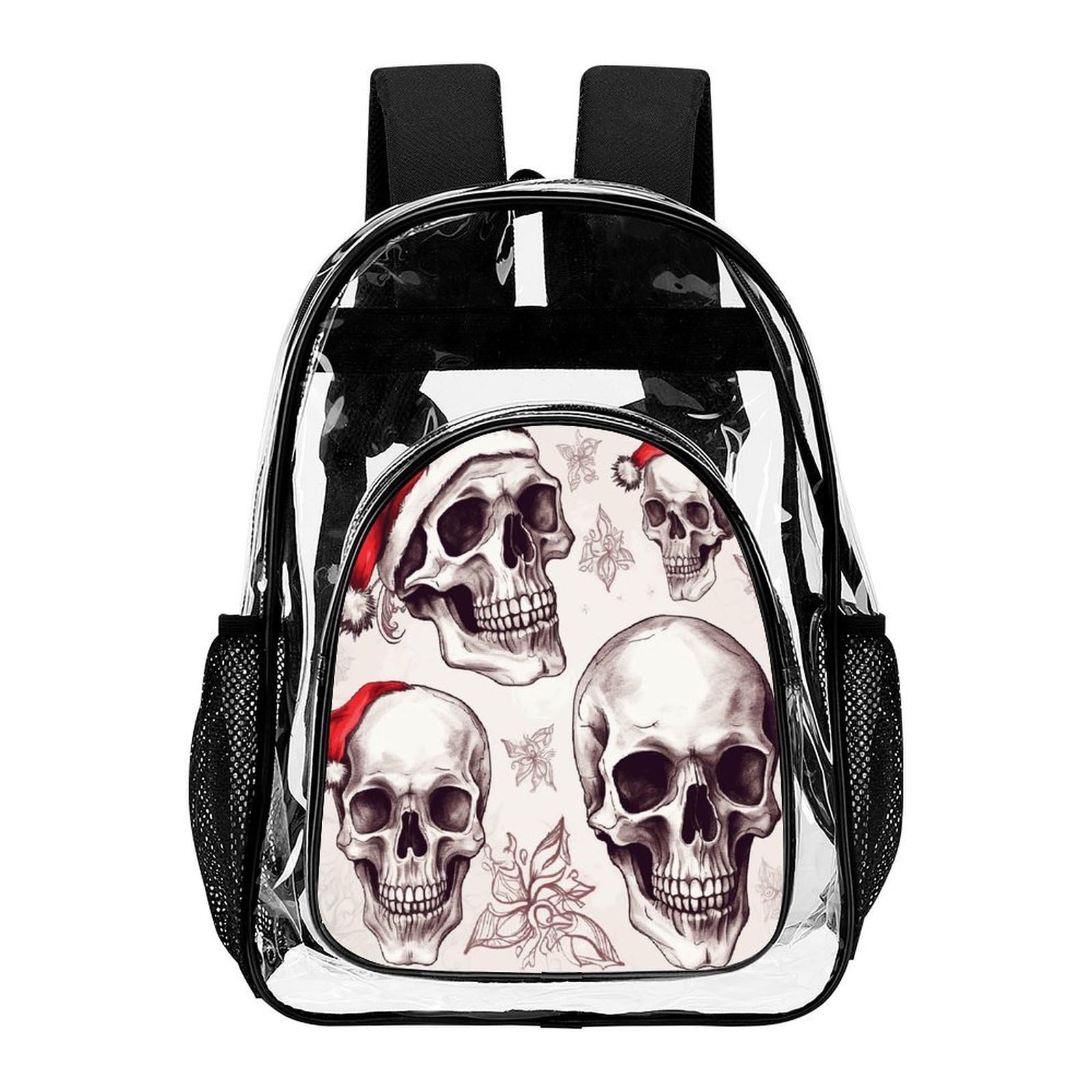 Sketchy Skulls - Zaino trasparente grande, in PVC trasparente, per la sicurezza, il lavoro, i viaggi, lo stadio