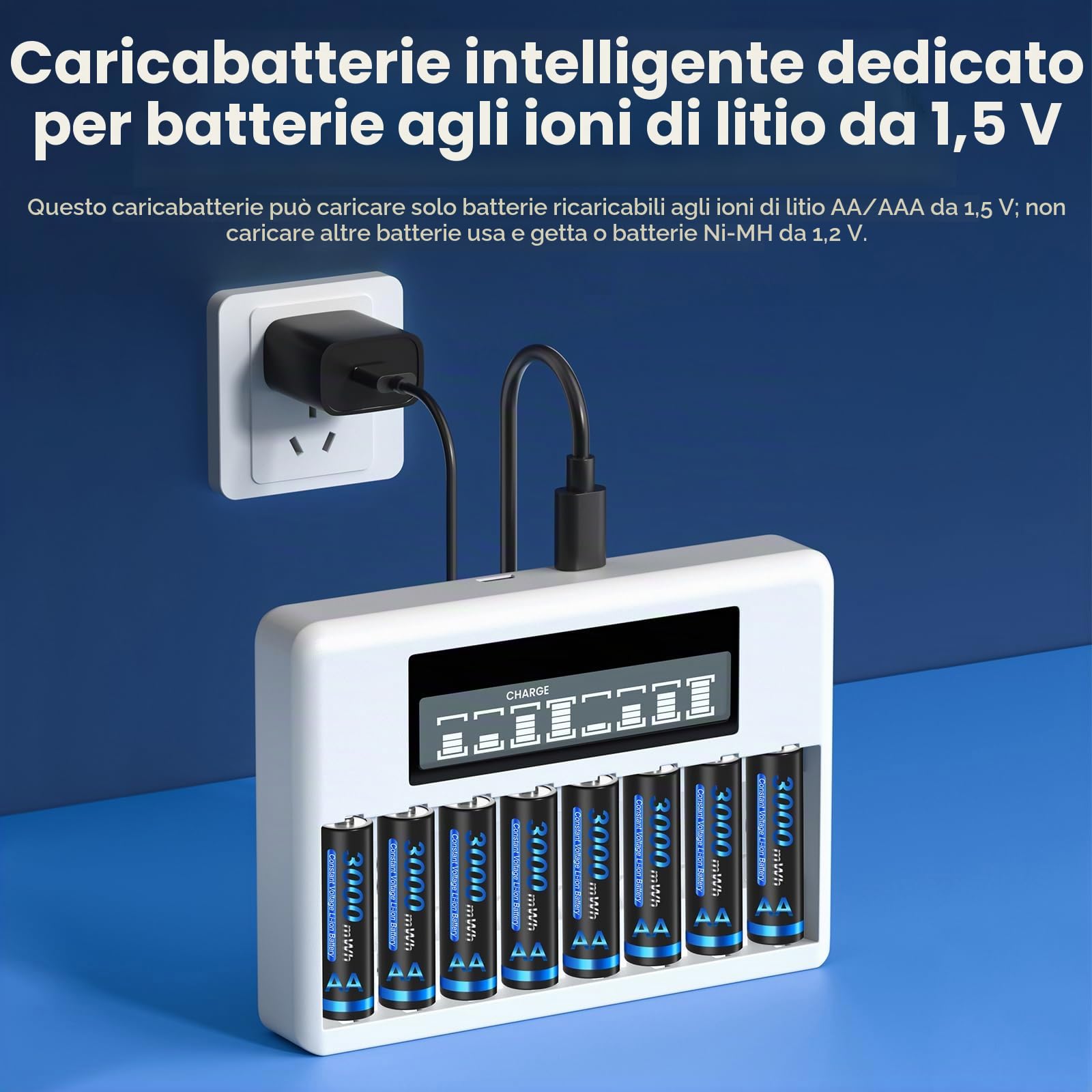 CITYORK Caricabatterie da 8 slot per Carica Batterie Ricaricabili AA AAA agli Ioni di Litio, con Display LCD, Ricarica Rapida USB e Slot Indipendente