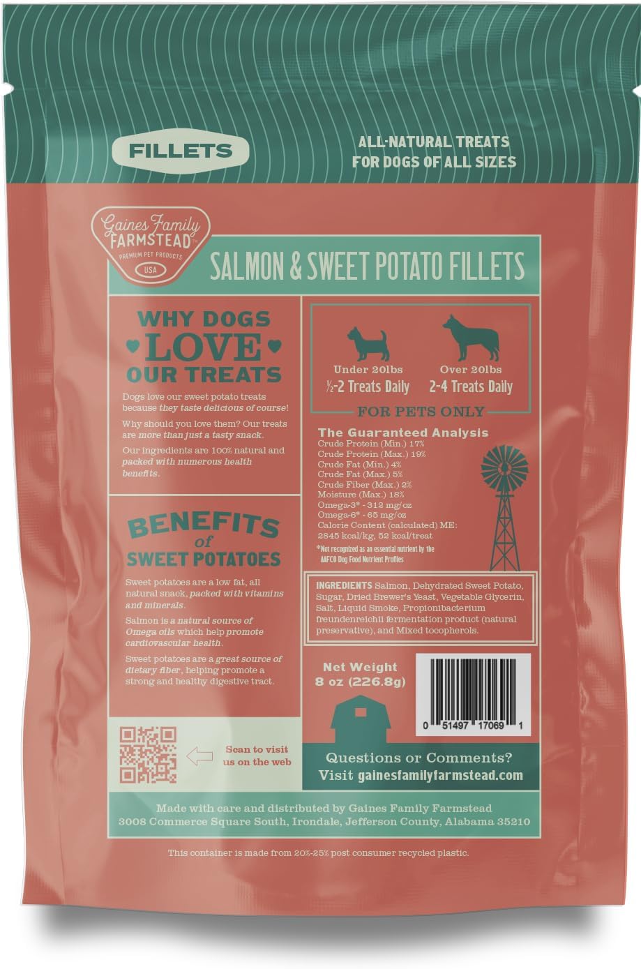 Gaines Family Farmstead Salmon & Sweet Potato Fillets for Dogs – 40 oz, All-Natural Soft Chews, Wild-Caught Alaskan Salmon, Limited-Ingredient Dog Treats, Made in USA