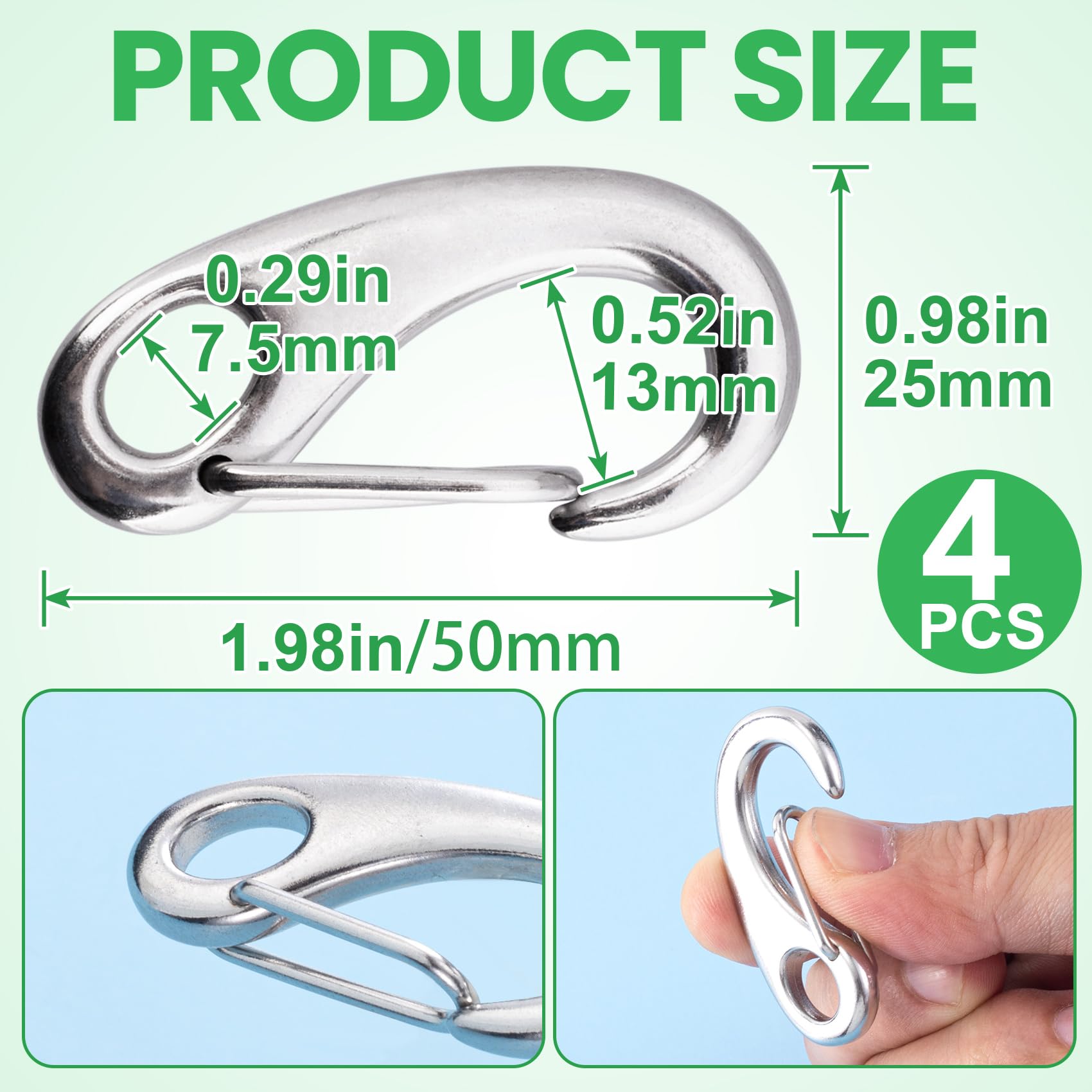 Paquete de 4 mosquetones marinos, ganchos de acero inoxidable de 2 pulgadas, clips de resorte resistentes de 220 libras para camping, senderismo, llaveros, bolsas
