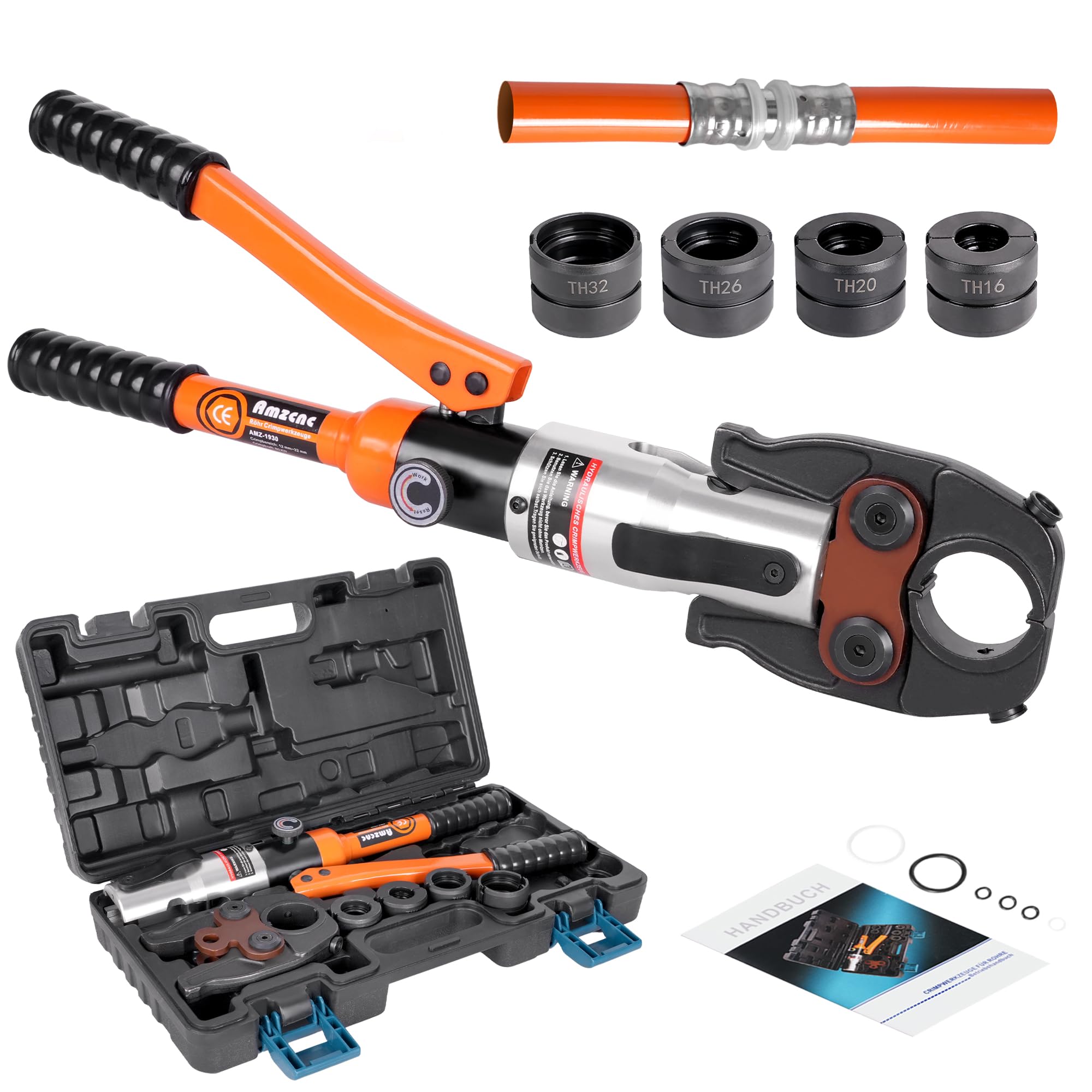 AMZCNC Pinza a pressa professionale (idraulica) con ganasce a pressione, profilo TH 16-20-26-32, per tubi compositi con raccordi del contorno TH, inserti a ganasce TH16, TH20, TH26, TH32 con
