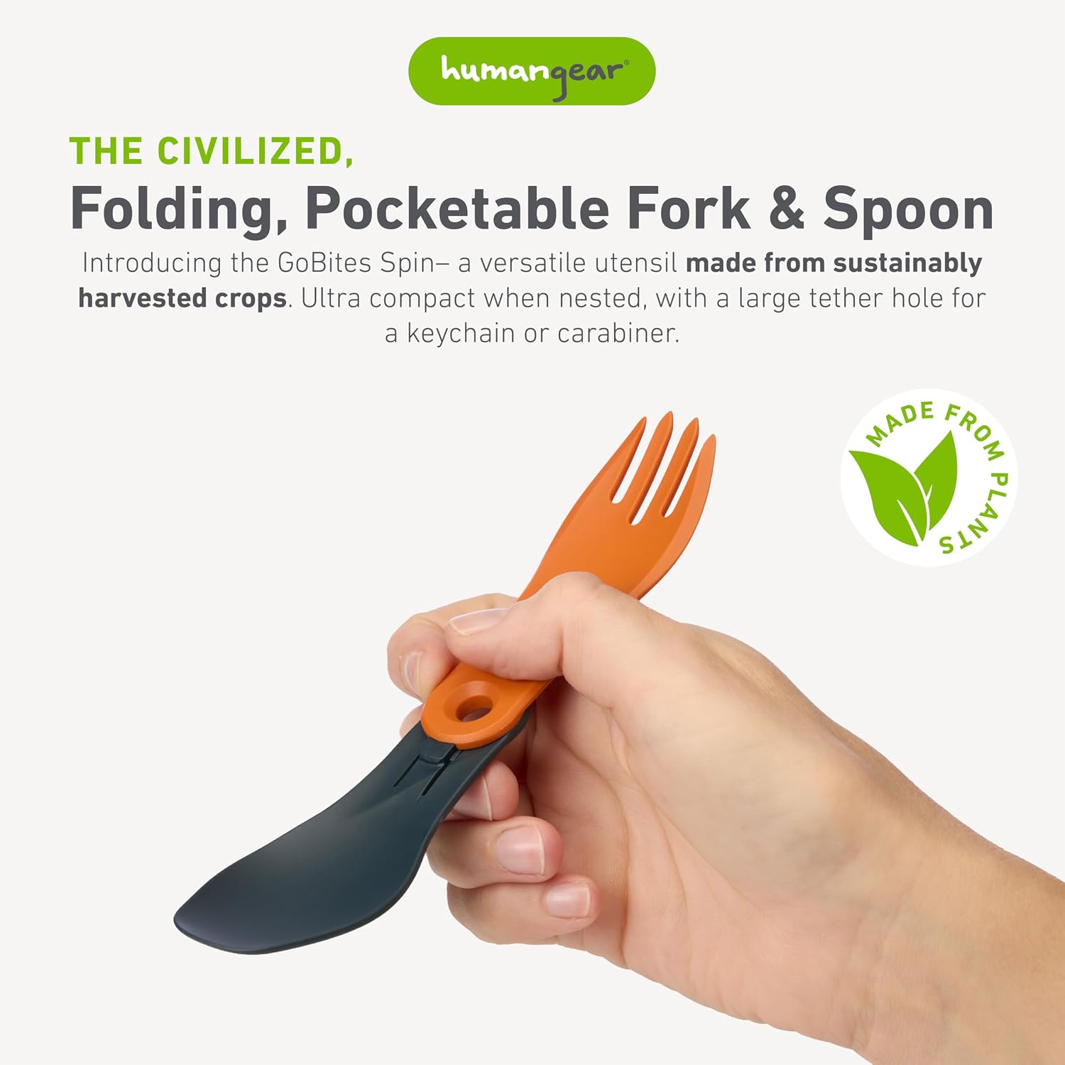 humangear GoBites Bio Spin - Compact Folding Spork for Travel, Camping & Everyday Carry - BPA-Free Bio-Based Utensil with Carabiner Hole, Dark Gray/Orange