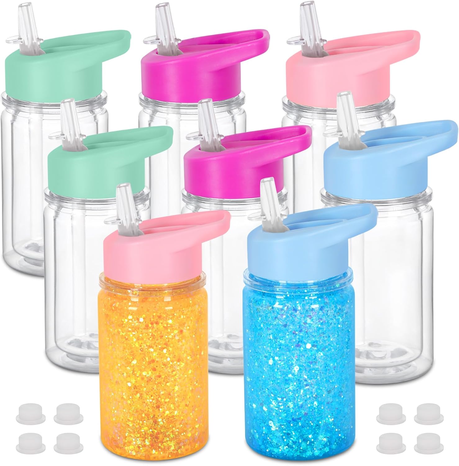 8 Pack 10 Oz Plastic Double Wall Snow Globe Tumbler, Snowglobe Tumbler with Pre Drilled Hole and Plug, Snow Globe Cups Kid Water Bottle DIY Gift for Scool, Sport