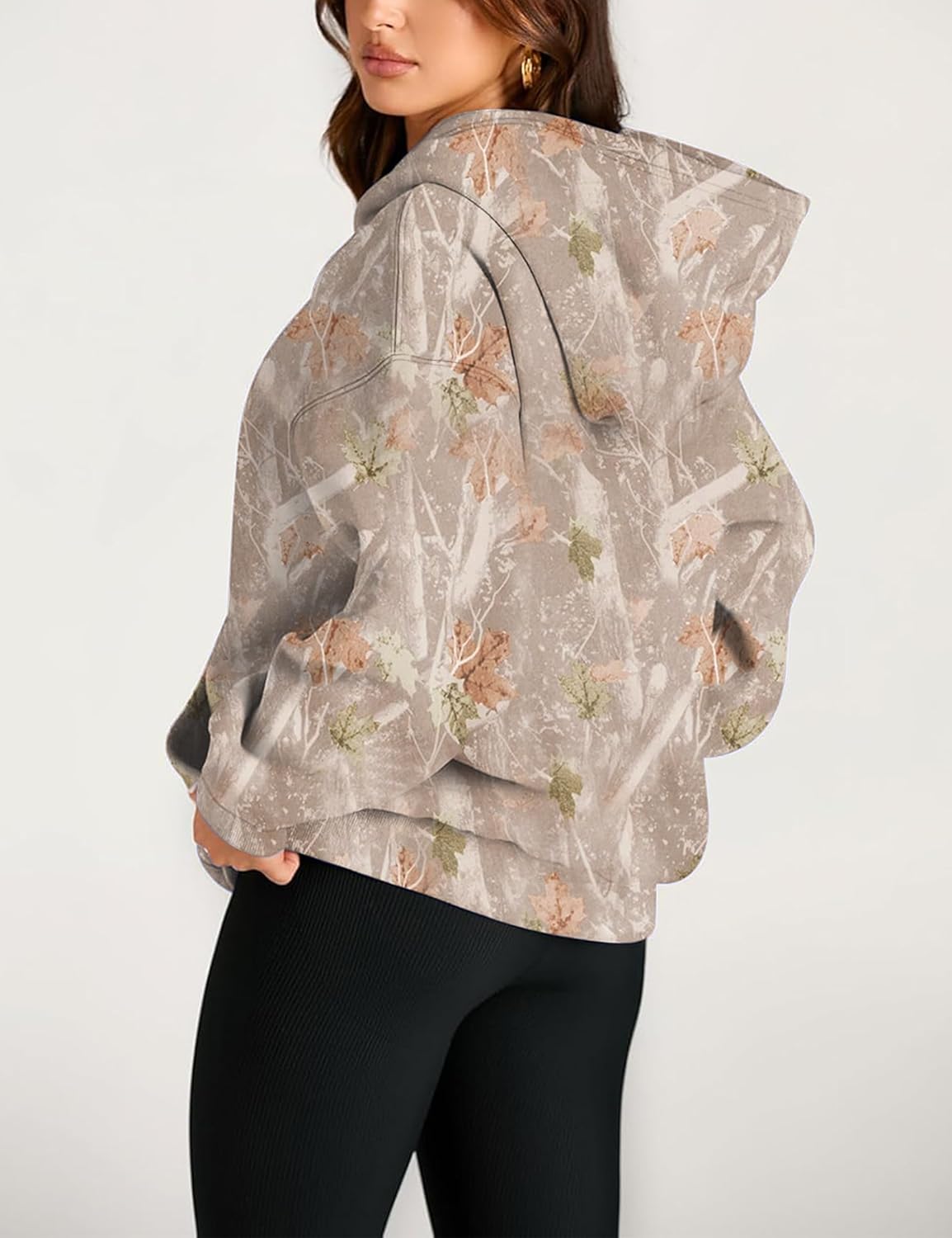 Women Oversized Fleece Camo Hoodies Maple Leaf Hooded Sweatshirt Casual Long Sleeve Fall Pullover Tops With Pockets - Image 3