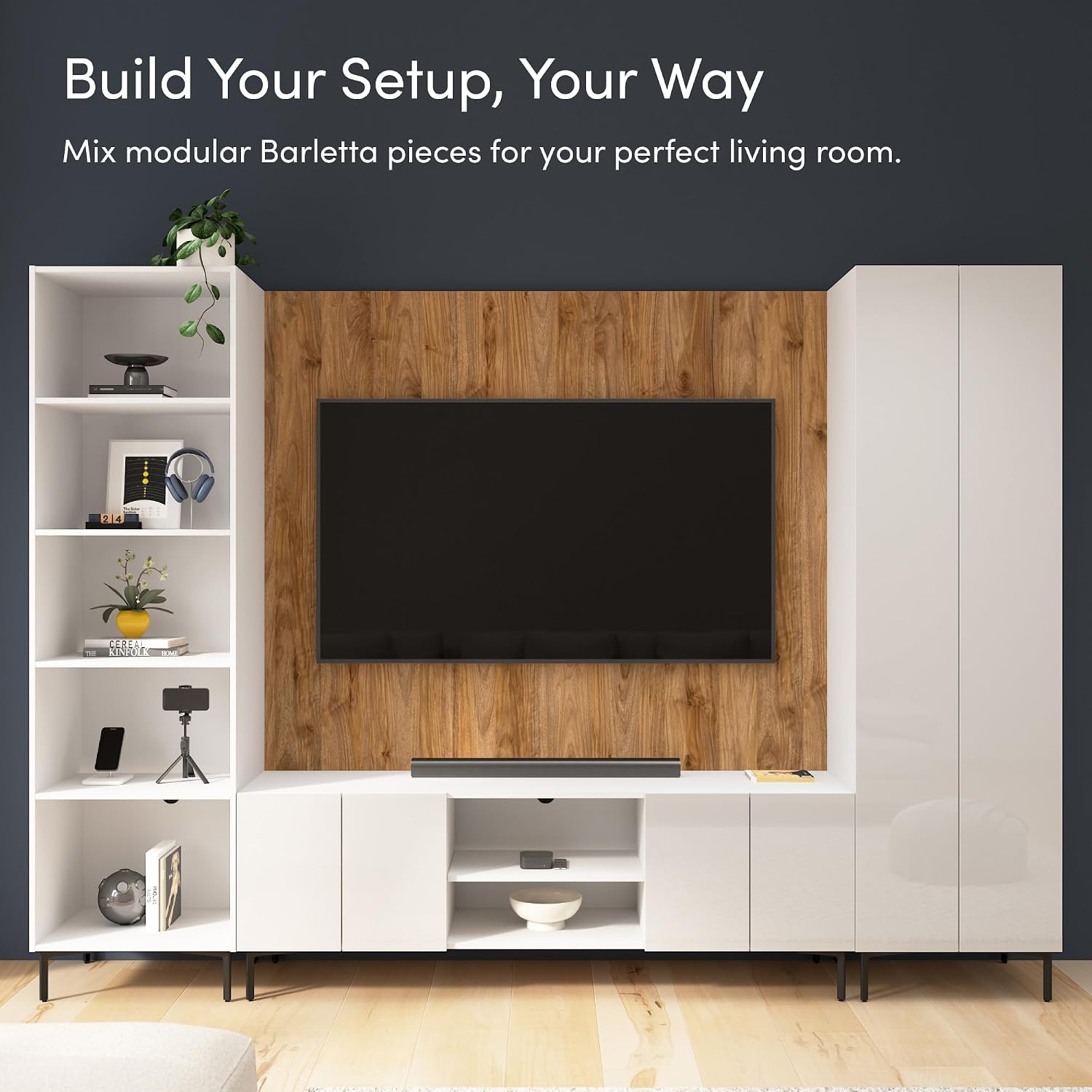 Bestar 71-inch Modular Entertainment Center with TV Stand and Small Wall Panel, Living Room Furniture, Barletta Collection, High Gloss White/Fresh Walnut
