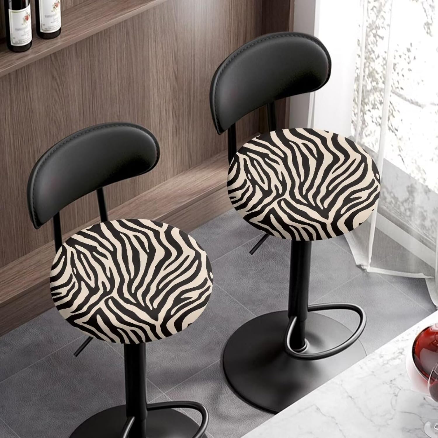 Beige Zebra Stripe Print Bar Stool Covers with Elastic Band, Round Barstool Slipcovers Non-Slip Elastic Stool Covers Circle 2 Pack Round Seat Cover for Stools, 13"-15", M