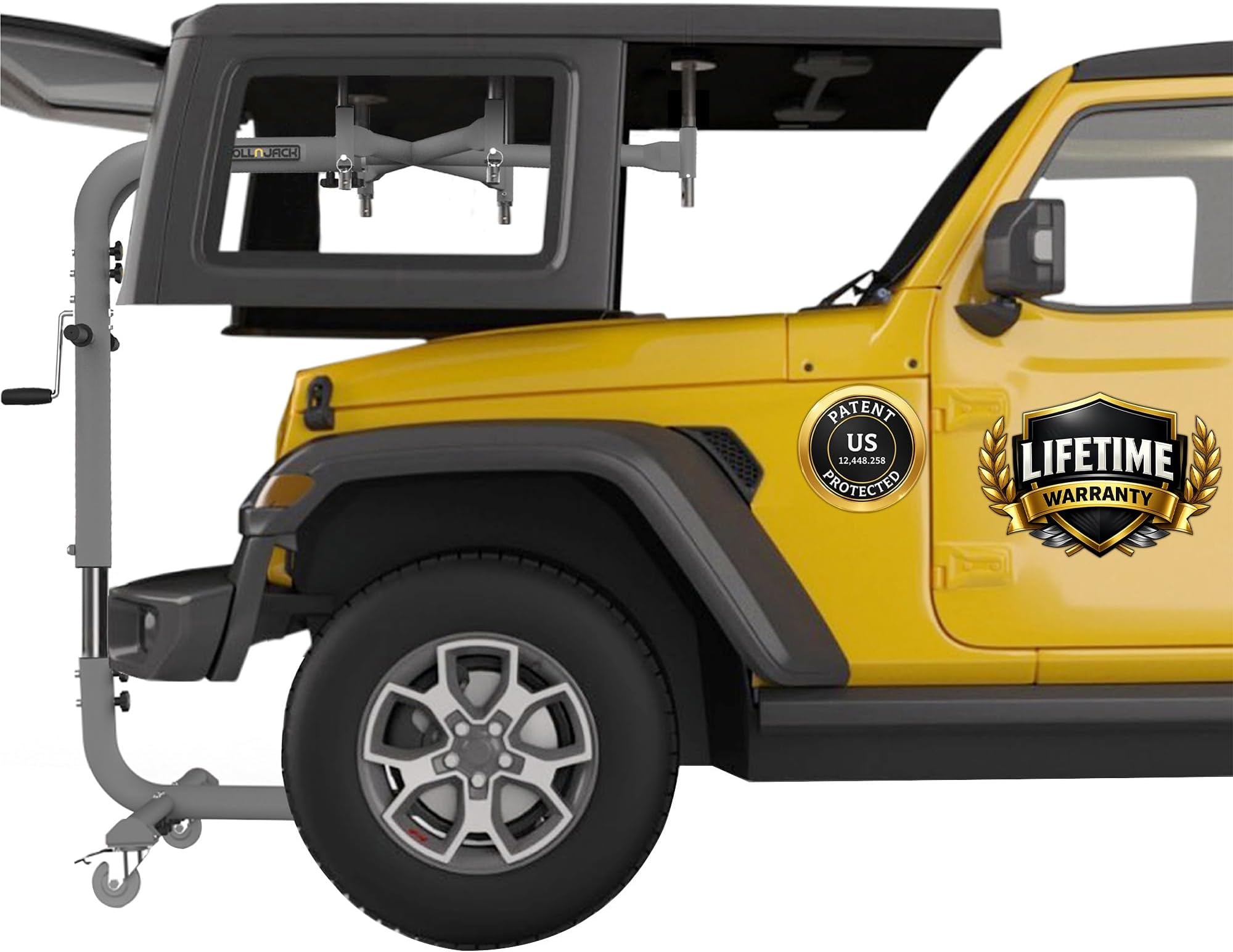 Hard Top Remover Lift for Jeep Wranglers: 1997-to-Present JK JKU JL JLU TJ CJ, 2&4 Door Lifted Jeeps, 4 Door Bronco. Easy Assembly. One Person System. Hardtop Removal/Installation in Minutes. Patented