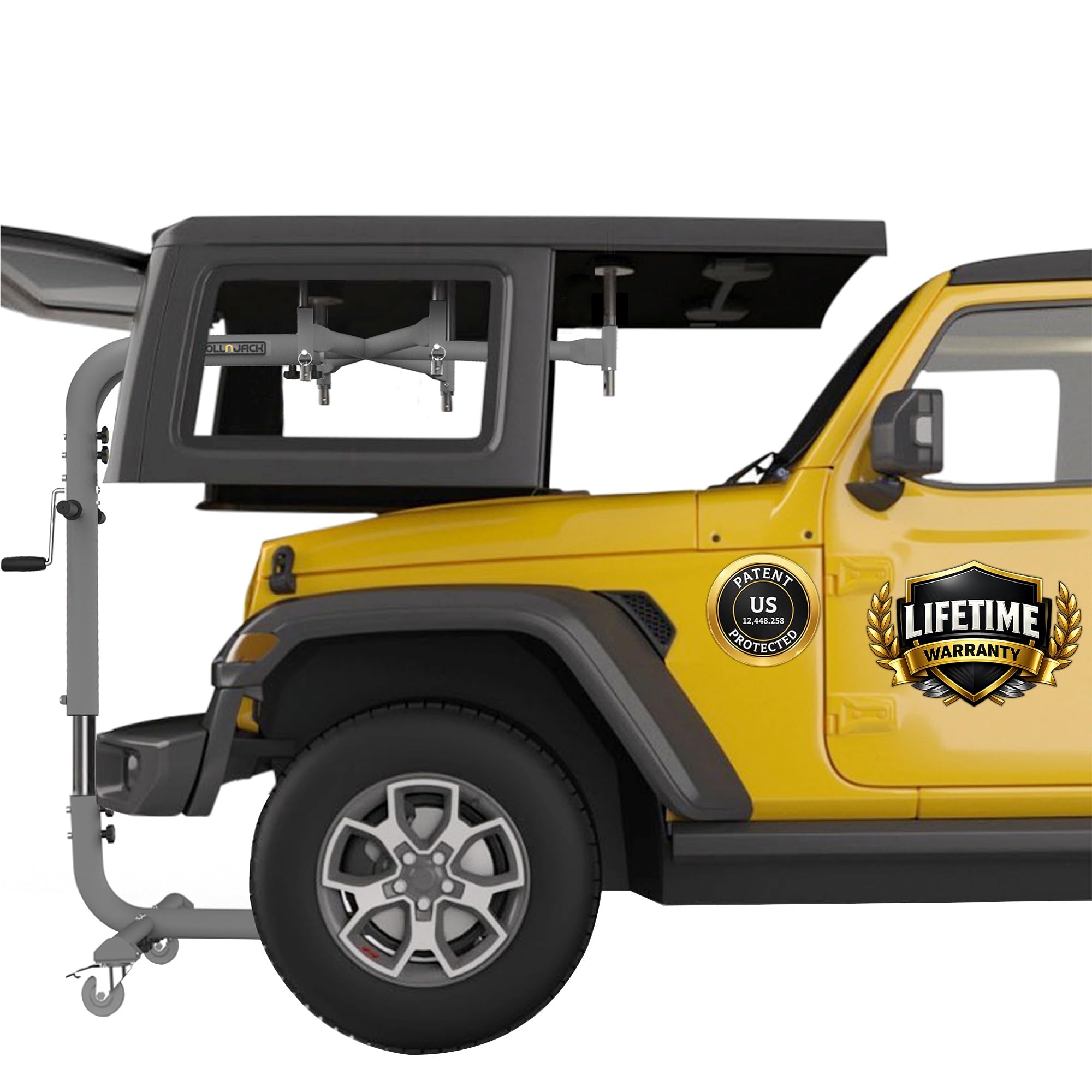 Levantamiento de techo duro para Jeep Wranglers: 2007 en adelante JK/JKU/JL/JLU + CJ, 2 y 4 puertas + Jeep elevados. Montaje rápido y fácil. Sistema para una persona. Desmontaje/instalación de techo