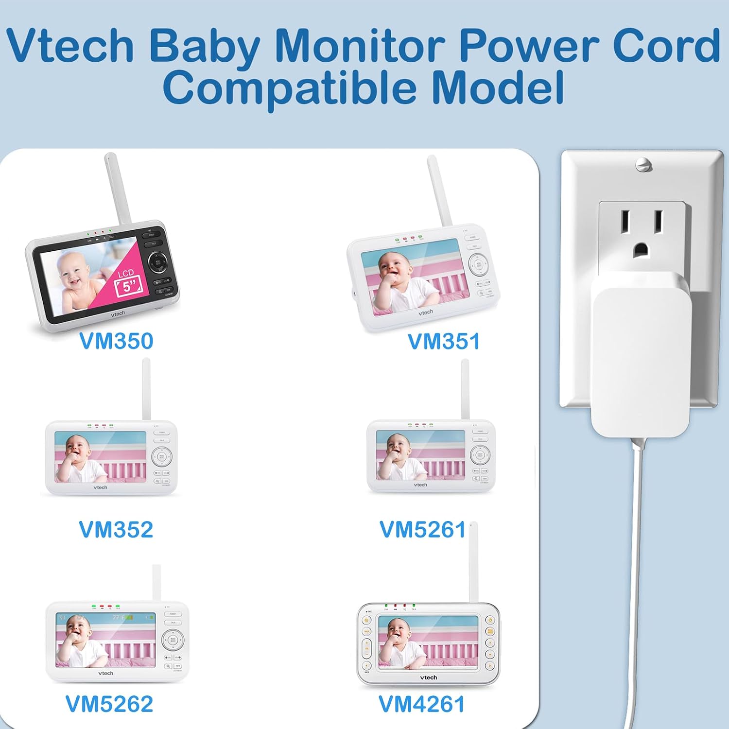 5V Baby Monitor Power Cord for Vtech VM350 VM351 VM352 VM4261 VM5261 VM5262 VM5253 Charger Cord Parent Unit, VM5253 Video Camera,Owls VM314 VM315 Accessory Camera Charger AC Power Adapter