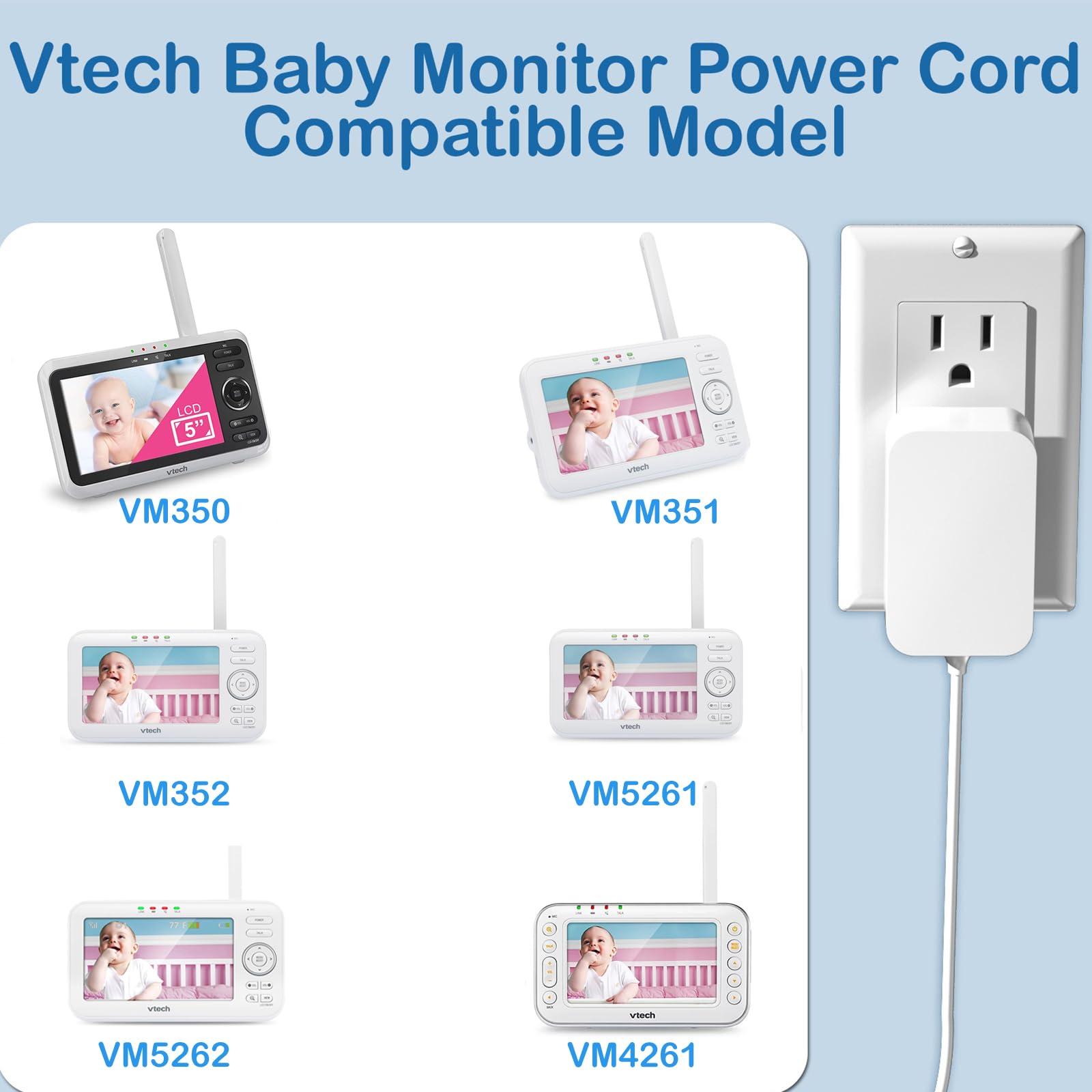 5V Baby Monitor Power Cord for Vtech VM350 VM351 VM352 VM4261 VM5261 VM5262 VM5253 Charger Cord Parent Unit, VM5253 Video Camera,Owls VM314 VM315 Accessory Camera Charger AC Power Adapter