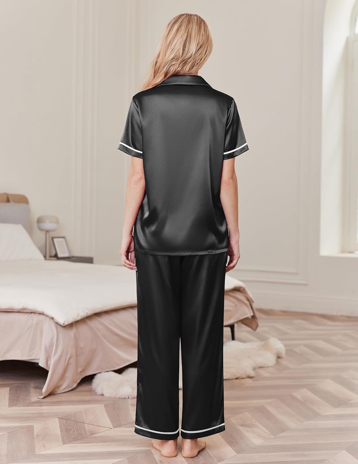 Ekouaer Women's Silk Pajamas Set Short Sleeve Satin Pjs 2 Piece Soft Loungewear with Pants Button Down Sleepwear,Black,M - Image 3