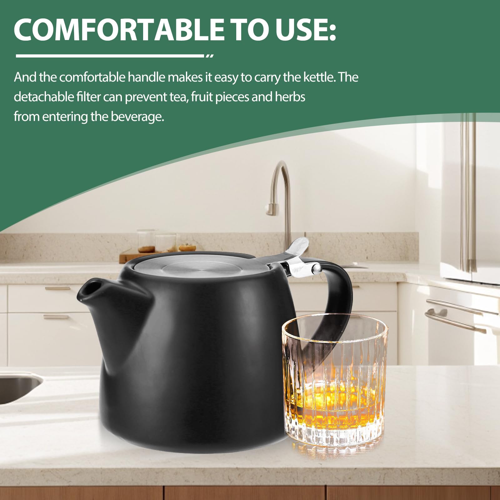 Tetera con filtro de 500 ml, tetera de cerámica negra con colador de acero inoxidable extraíble, tetera de porcelana para té suelto y bolsitas de té