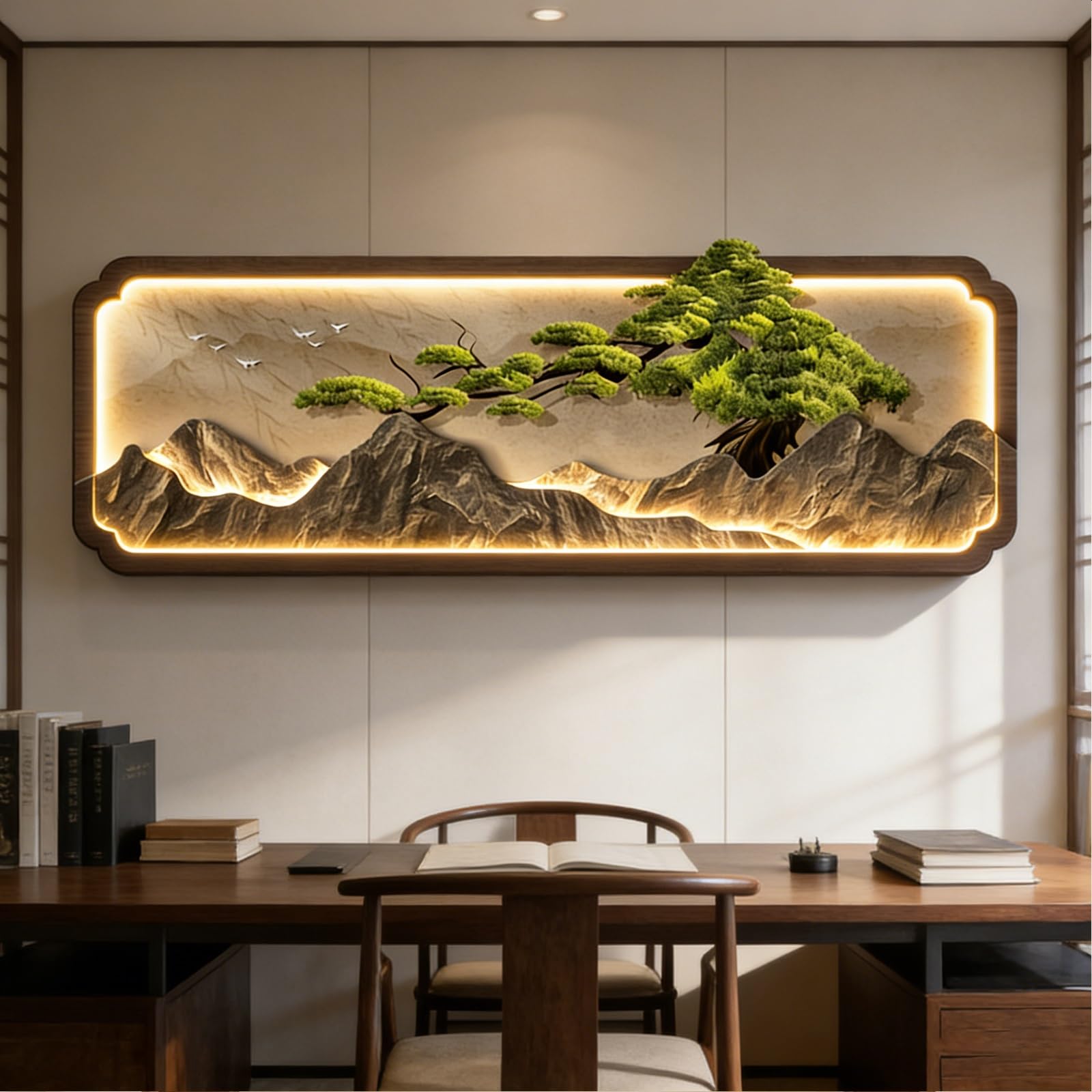 - LYGXKRVU 3D Wall Art Décor，Plug-in Remote Control 3D LED Wall Decor For Living Room，New Chinese-style Welcoming Pine Tree, Entrance(A,23.6 * 70.8in)