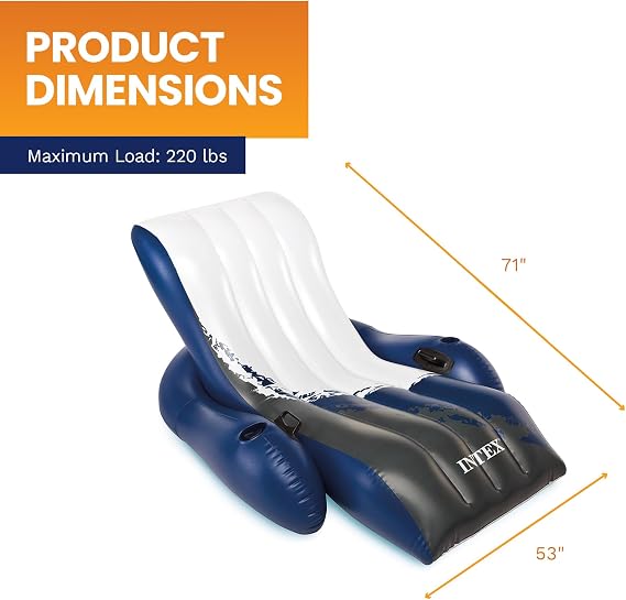 Intex Inflatable Lounge Pool Recliner Lounger Chair with Cup Holders - Heavy-Duty Float Raft for Adults, 220 Lb Capacity Large Floating Tanning Chair