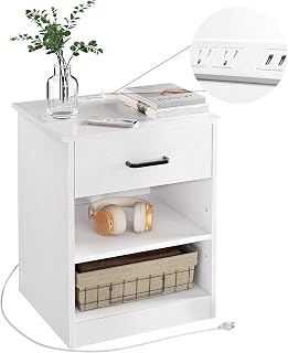 White Wooden Nightstand with Built-in Charging Station and USB Ports