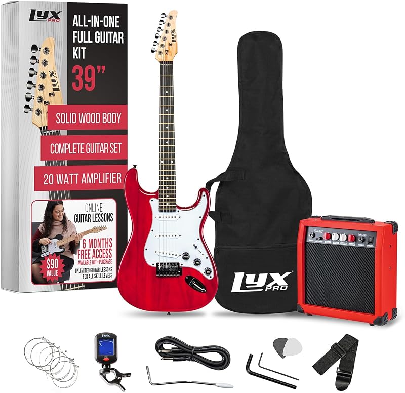 LyxPro Kit de guitarra eléctrica de 39 pulgadas con amplificador de 20 W, todos los accesorios, afinador digital con clip, seis cuerdas, dos púas, barra de trémolo, correa para el hombro, estuche, kit de inicio de tamaño completo, color rojo