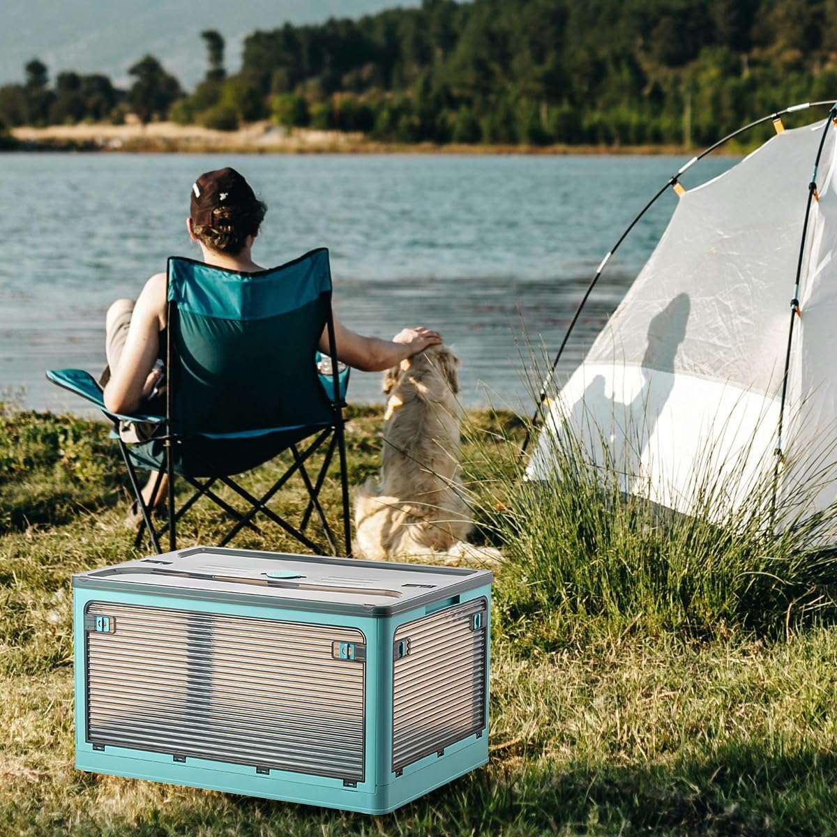 2 Pack Plastic 4 Doors Collapsible Storage Bins with Lid & Wheels, 50 Liters Folding Storage Bins, Stackable Multifunctional Box for Camping Clothes Snack Storage