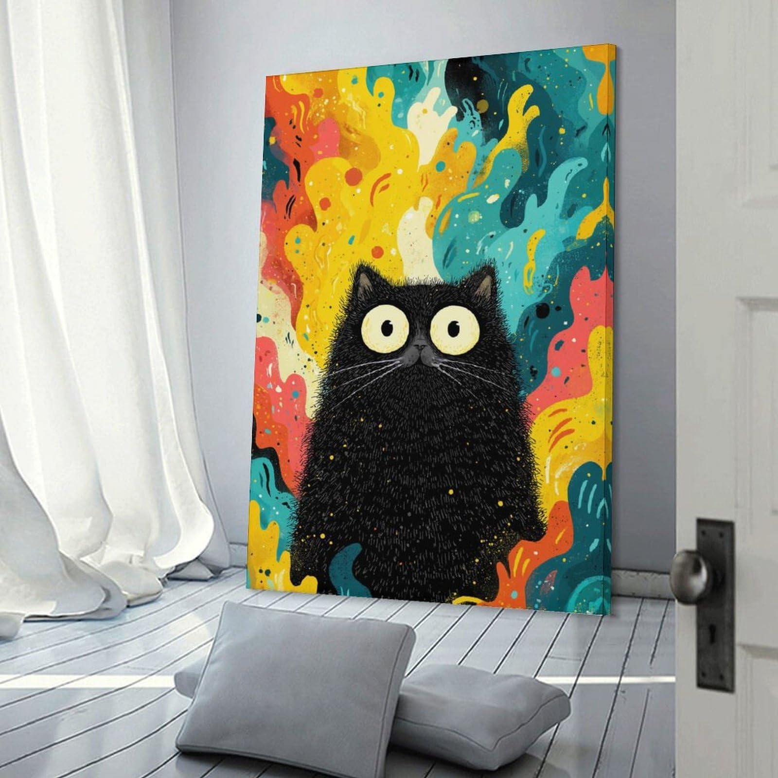 Junmoney Fluffy Black Cat with Colorful Background Room Decor Wall Art, 20x30inch(50x75cm), for Hallway, Lounge Or Guest Room, Gift Idea for Housewarming And Birthdays