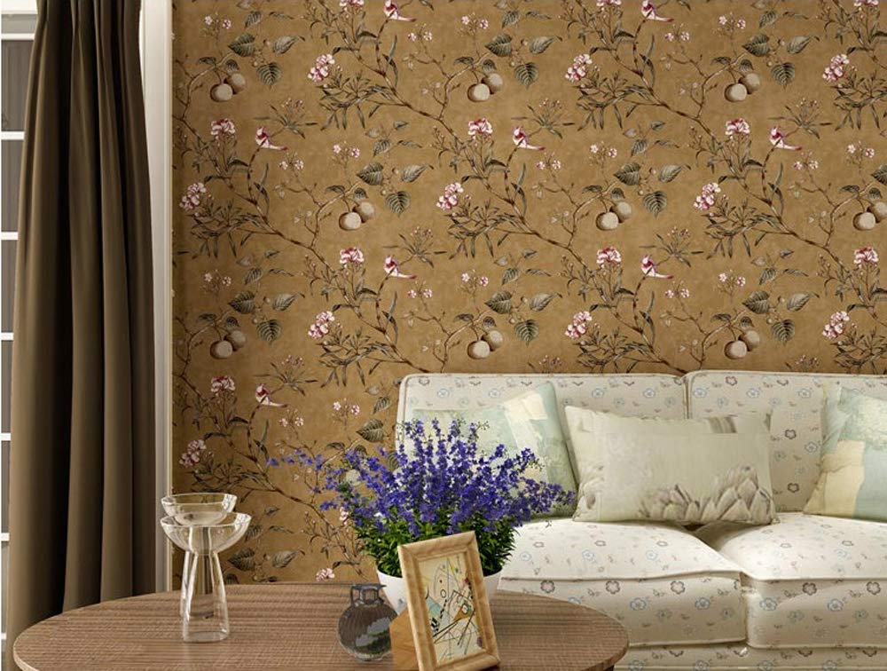 Fruit Tree Flowers Birds Elegant Country Vintage Style Clothing Store Cafe Restaurant Bedroom Living Room TV Background Wall Non-Woven Wallpaper 20.87Wx393.7L Non-Pasted (Vintage Yellow) - Image 4