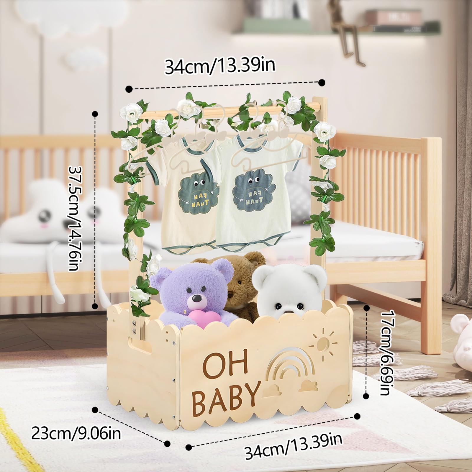 Armoire De Caisse Pour BéBé, Armoire De Douche De BéBé En Bois Panier Cadeau BéBé Pour Fille GarçOn Panier BéBés Avec Rotin Rose Et 5 Cintres Cadeau BéBés Personnalisé Pour Douche De BéBéNouveau-Né