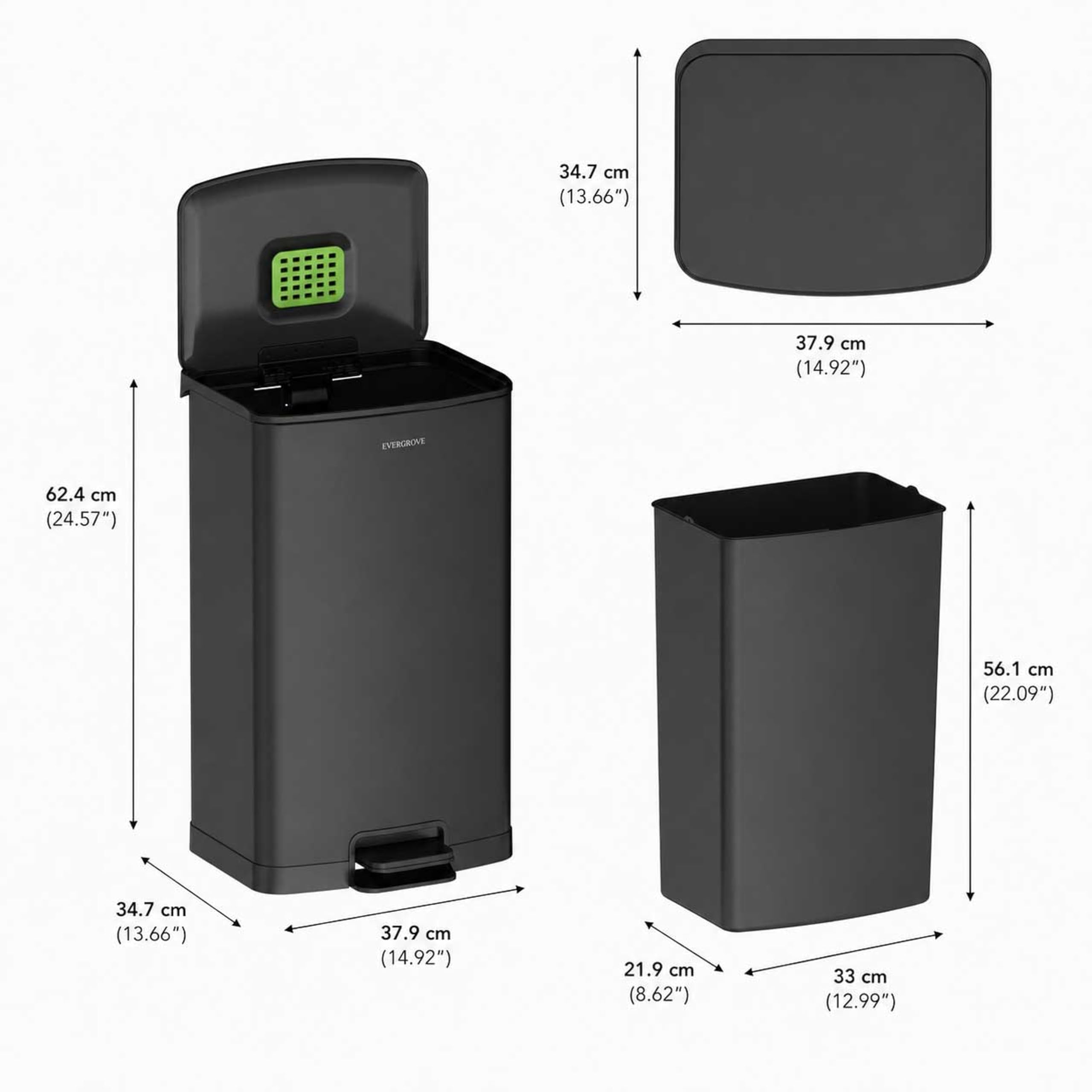 EverGrove Recycling Edelstahl-Mülleimer mit Fußpedal (Schwarz, 50, Liter) | Treteimer‑Pedal, Soft‑Close Deckel, herausnehmbarer Inneneimer und Mülltrennungssystem