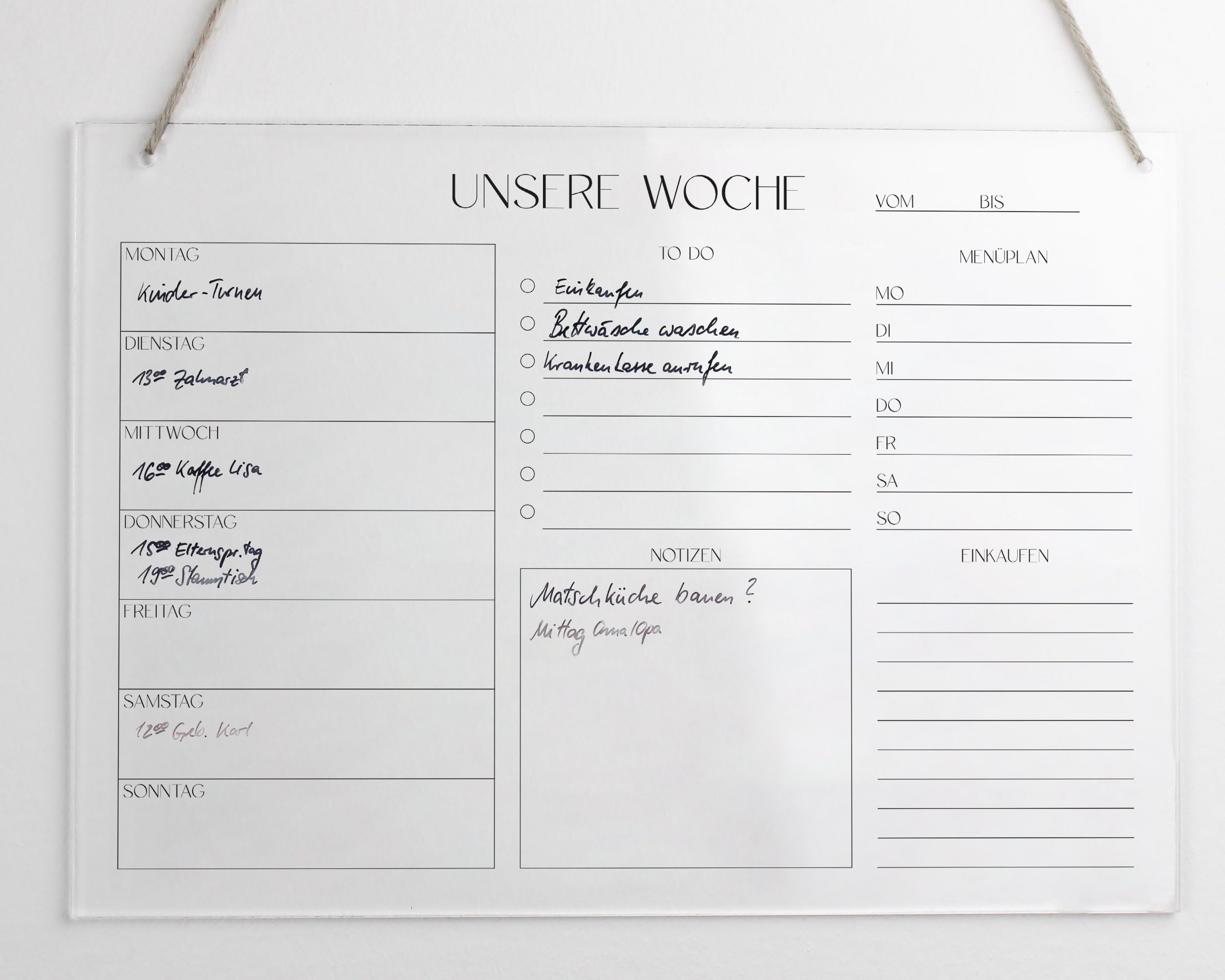 Wochenplaner Acryl A4 A3 | Wandplaner für die Woche abwischbar | Wandkalender | To Do Liste | Menüplaner | Acrylglas (A3)