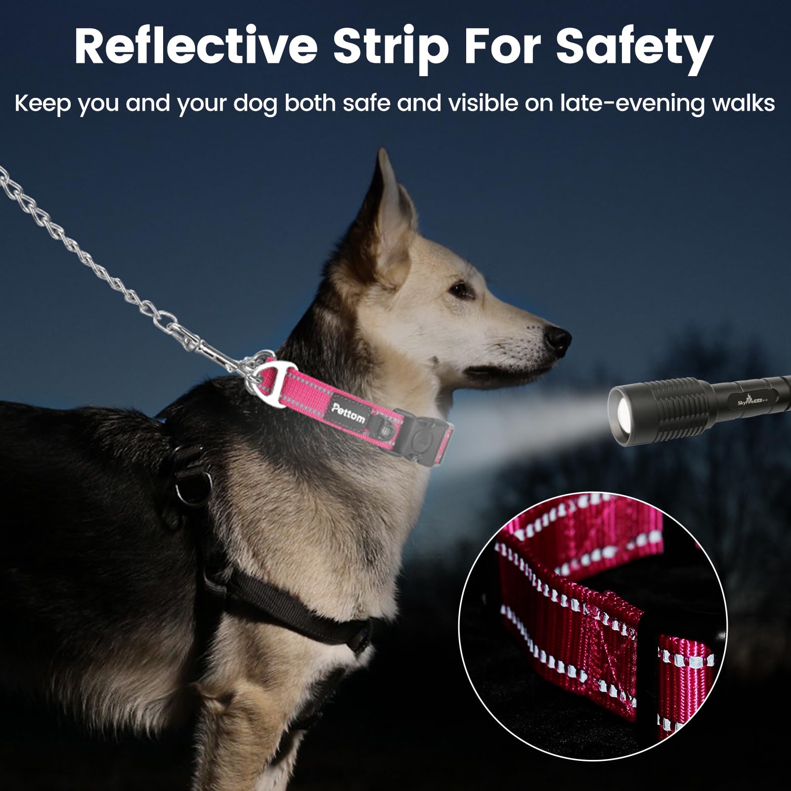 PETTOM Obroża dla psa o połowie zadławienia, regulowana, odblaskowa nylonowa obroża dla psa, odporny na żucie, metalowy łańcuszek, obroża w połowie kratkę, dla średnich i dużych psów (rozmiar M: 43-52 cm, różowa)