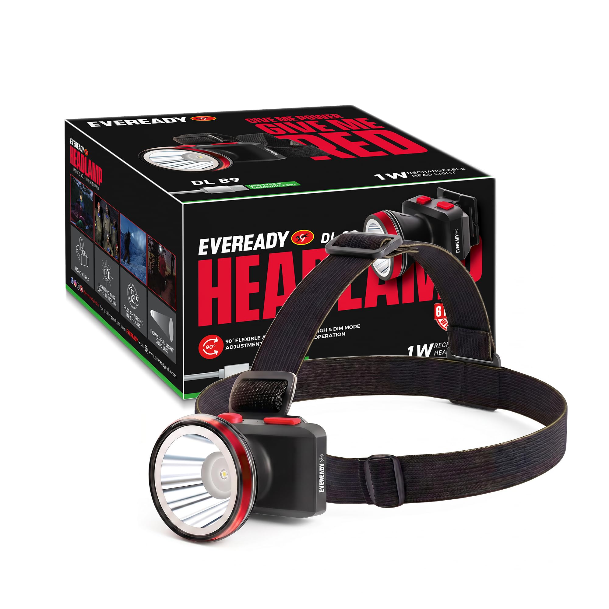 Eveready Headlamp DL89, Rechargeable 1W Emergency Head Light Torch, 90° Tilt, Easy to Mount (Can Be Worn Without A Helmet), Type-B/Micro-USB Fast Charging, Powered by Li-Ion Battery-image-36