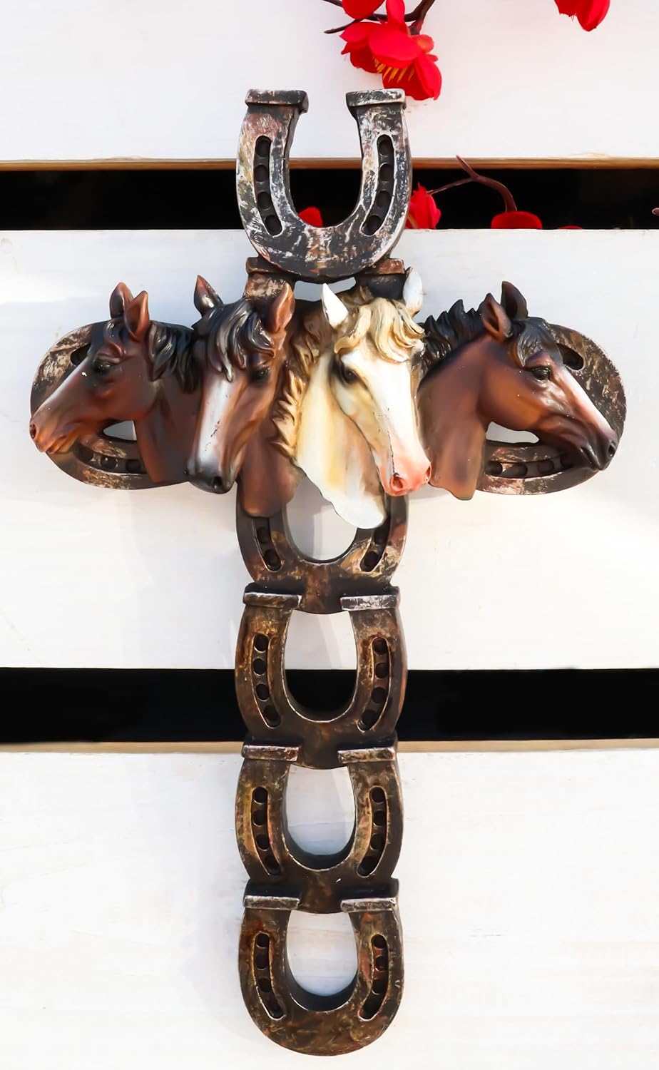 Ebros Gift 11.5" High Rustic Western Horseshoes With 4 Multicolored Horse Heads Wall Cross Decor Plaque Horse Shoes Design Sculpture Catholic Christian Accent Crosses