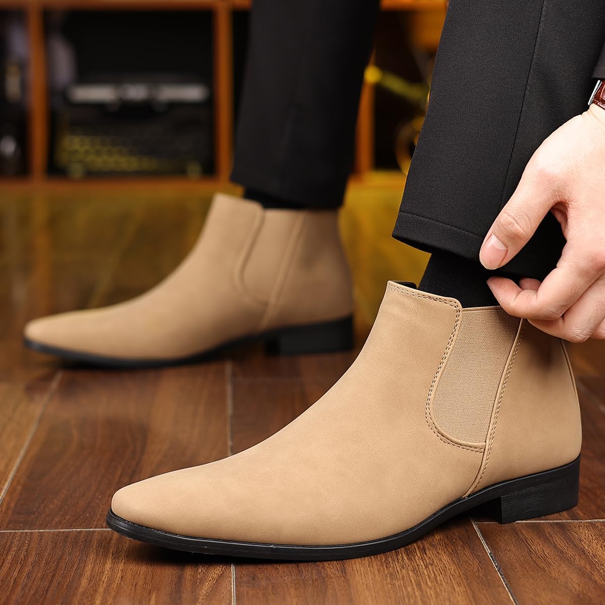 Chelsea Boots Men's Suede Elastic Slip On Dress Boots Comfort Low Heel Formal Wedding Party Business Casual Ankle Boots - Image 6