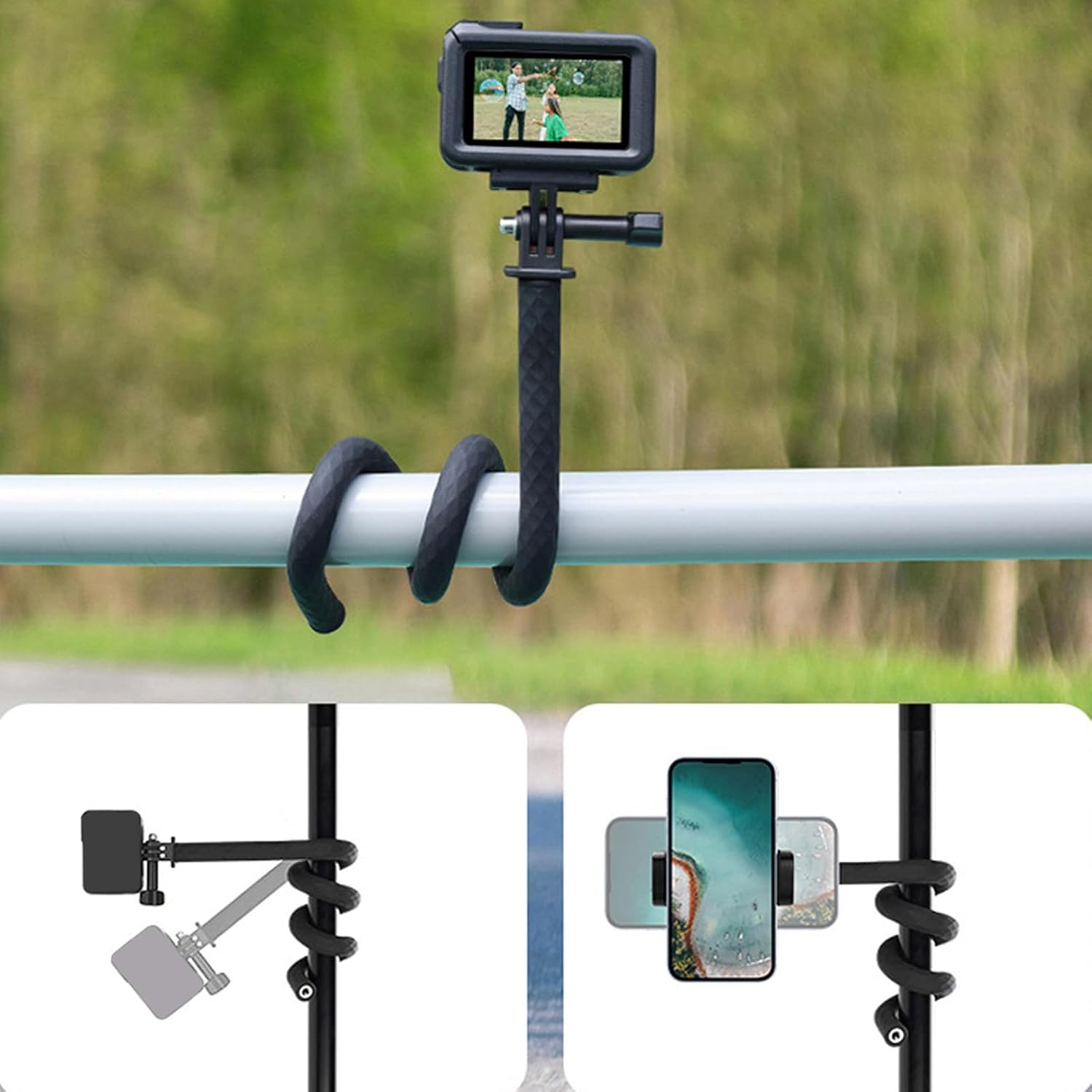 An action camera mounted on the Gugxiom Gooseneck Camera Mount, which is wrapped around a white railing.