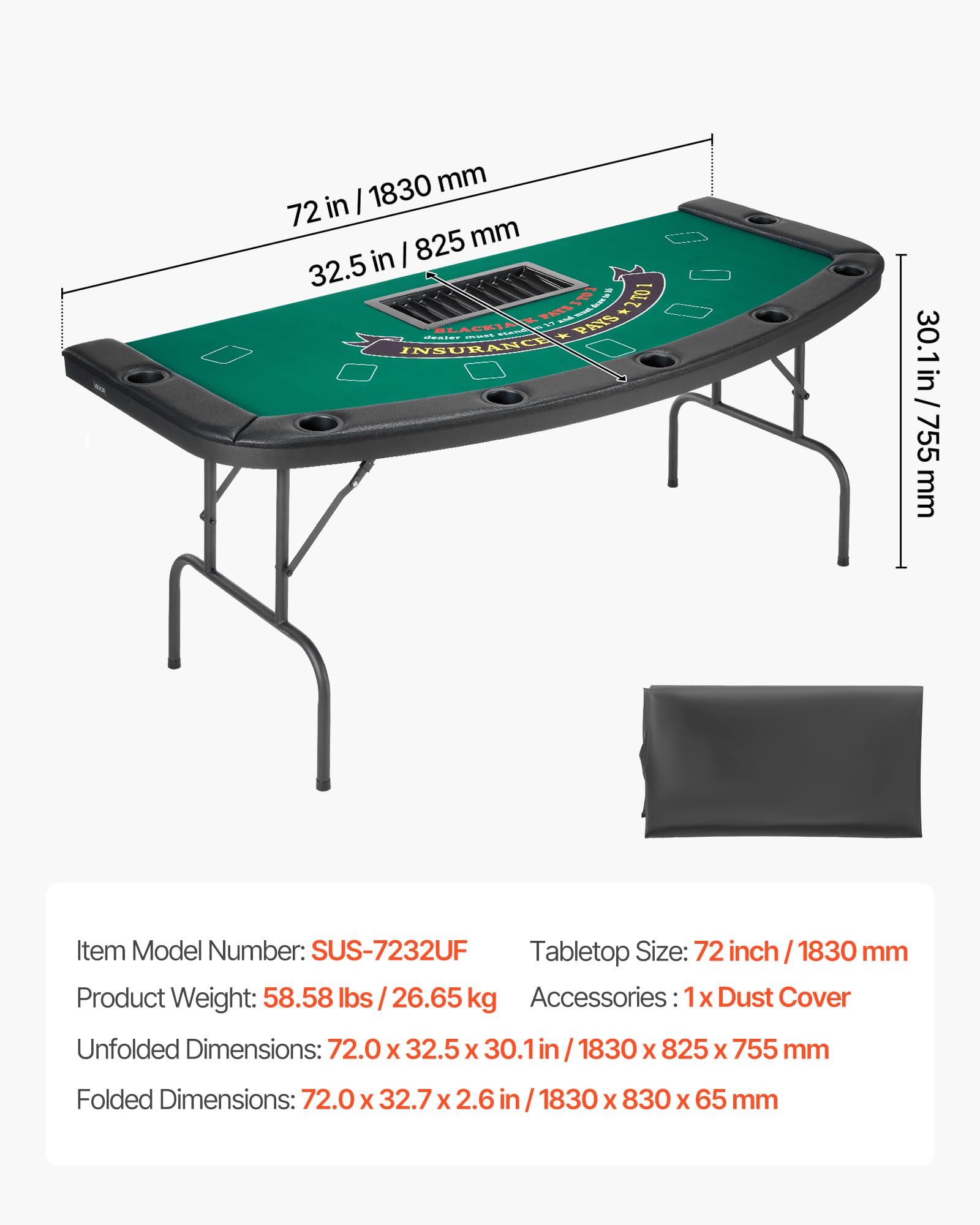 VEVOR klappbarer Pokertisch für 7 Spieler 183 cm Kasino-Freizeittisch mit gepolsterten Schienen & Getränkehaltern, Halbovale tragbare Spieltische mit Filz- und Metallbeinen