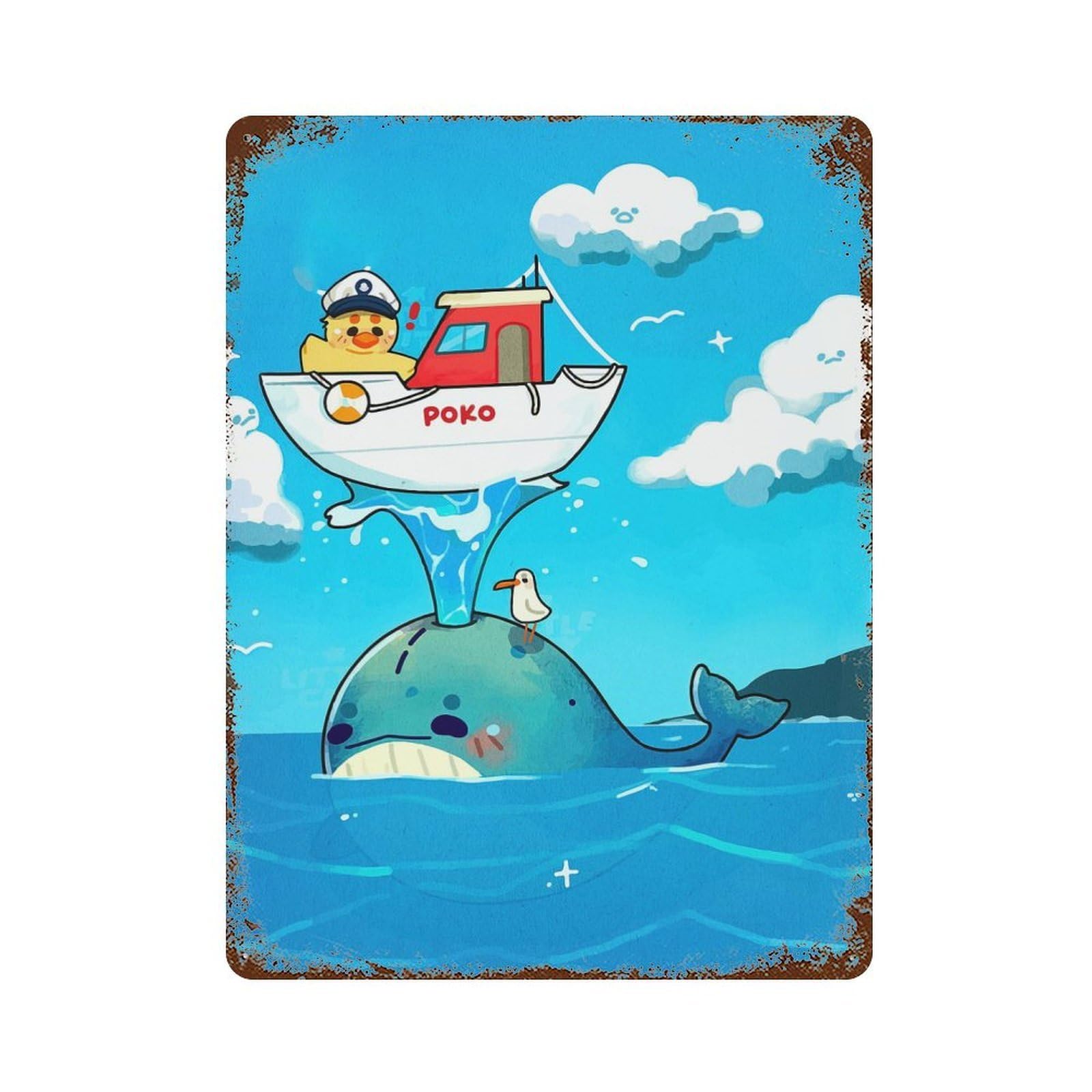 Retro Metal Sign Duck Captain on Whale Cartoon Illustration 15.7"x11.8", Retro Wall Decor for Living Room, Hallway And Home Decor