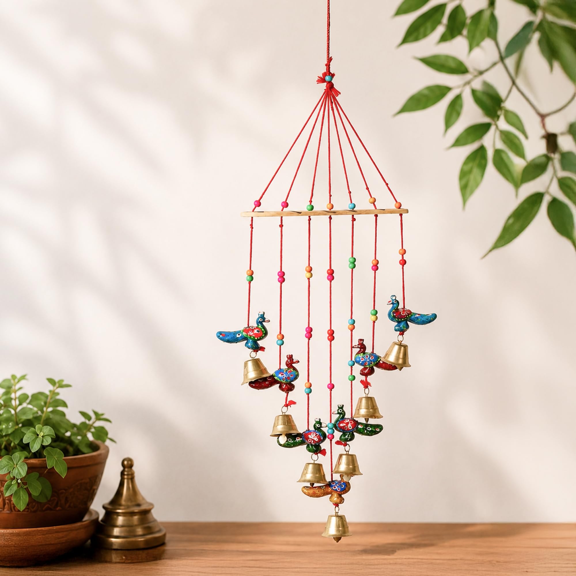 Habere India-All the Cultures Fabricating India Hand Painted Wooden Peacock Wind Chime with Metal Bells | Rajasthani Handicraft Door Hanging | Decorative Wall Decor (Design02: L21 x W4 x H72 cm)-picture-31