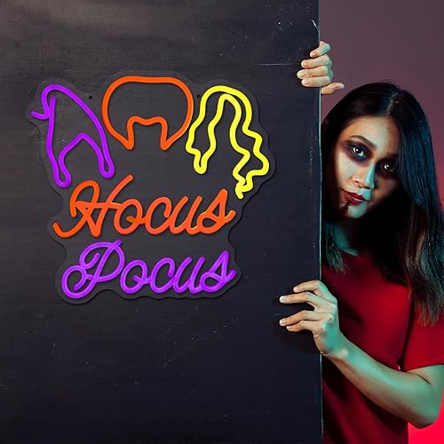 Miniatura 6 de Whaline Letreros de neón de Halloween de Hocus Pocus, luces de neón de bruja de 16.1 x 15.3 pulgadas, luces LED de neón decorativas de acrílico para