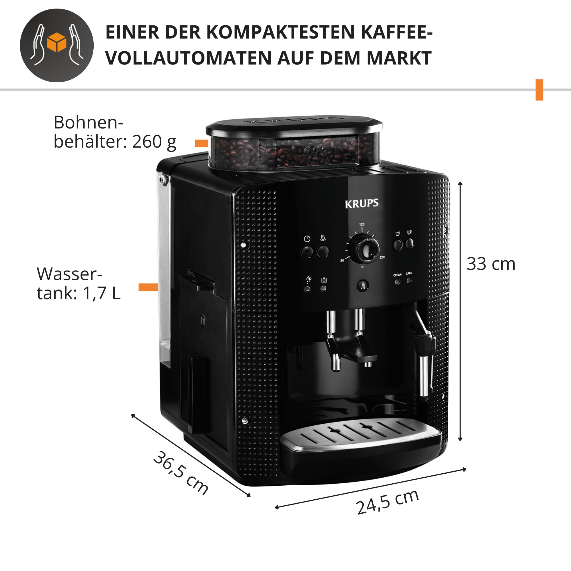 KRUPS Arabica Picto Kaffeevollautomat, Kaffeemaschine, Milchschaumdüse, 2-Tassen-Funktion, Schwarz