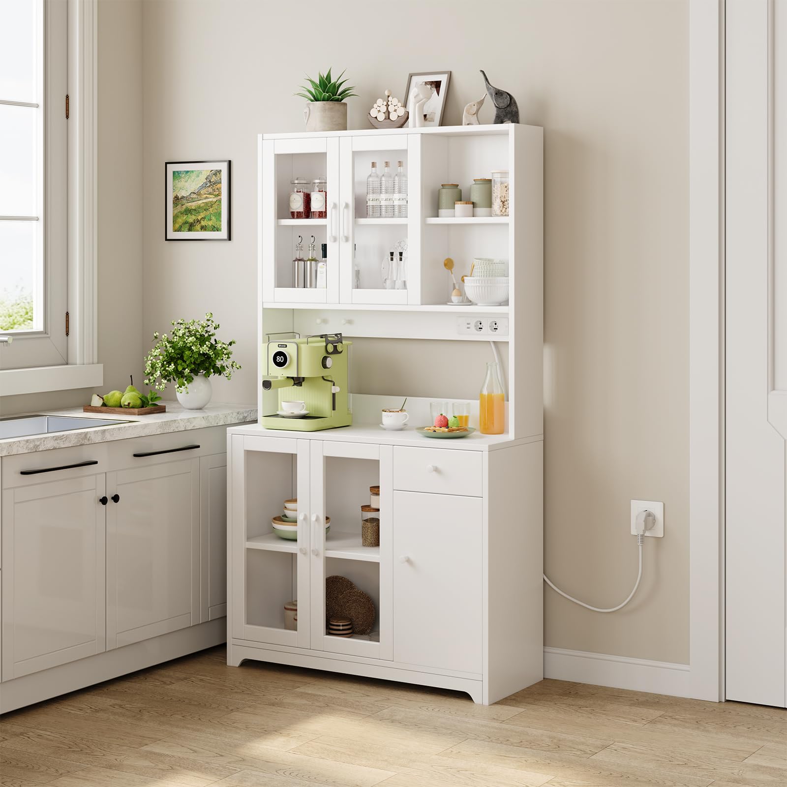 Dripex Küchenschrank mit Arbeitsplatte 183cm Hoher Buffetschrank, mit Steckdosen, Vorratsschrank Küche mit 5 Türen und eine Schublade, Stehend, für Küche Wohnzimmer Esszimmer Bar Weiß