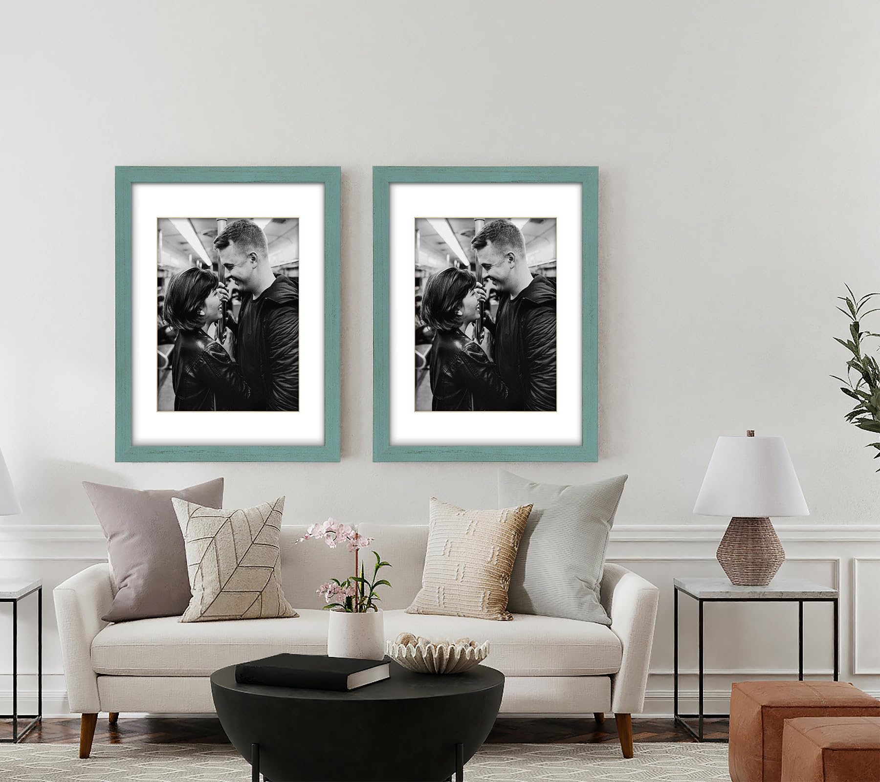 DUCIHBA 12x16 inch or 9x12 with Mat Poster Picture Frame Set, Wire Brush Distressed Teal Blue Wood Border, Wall Mount Vertically or Horizontally, Safe Plexi Glass, 2 Pack