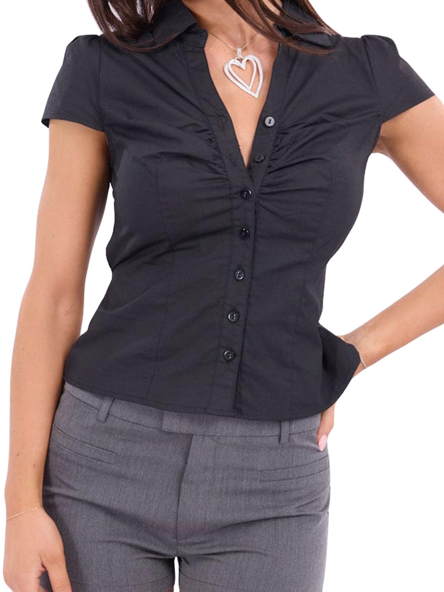 SANSIWU Womens Y2k Plaid Button Down Shirt Gingham Short Sleeve Collared Slim Fit Blouse Tops Casual Summer Tops Streetwear (B-Black, S) โ image 1