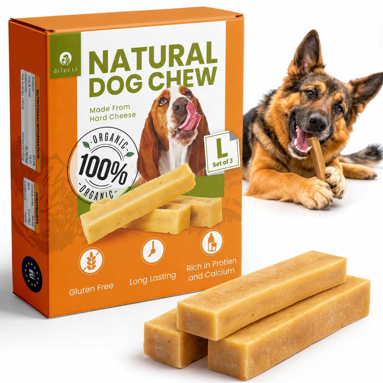 Os à mâcher au fromage naturel - Friandises à mâcher longue durée pour grands chiens, friandises pour chiens pour les soins dentaires, jouets à mâcher en fromage dur - Taille L, paquet de 3