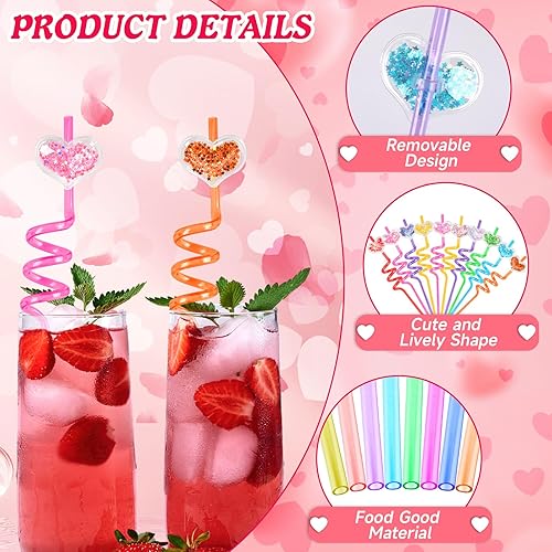 Miniatura 3 de JANYUN Pajitas de San Valentín, 20 popotes reutilizables de plástico con forma de corazón, regalos de fiesta de San Valentín, regalos para el día de