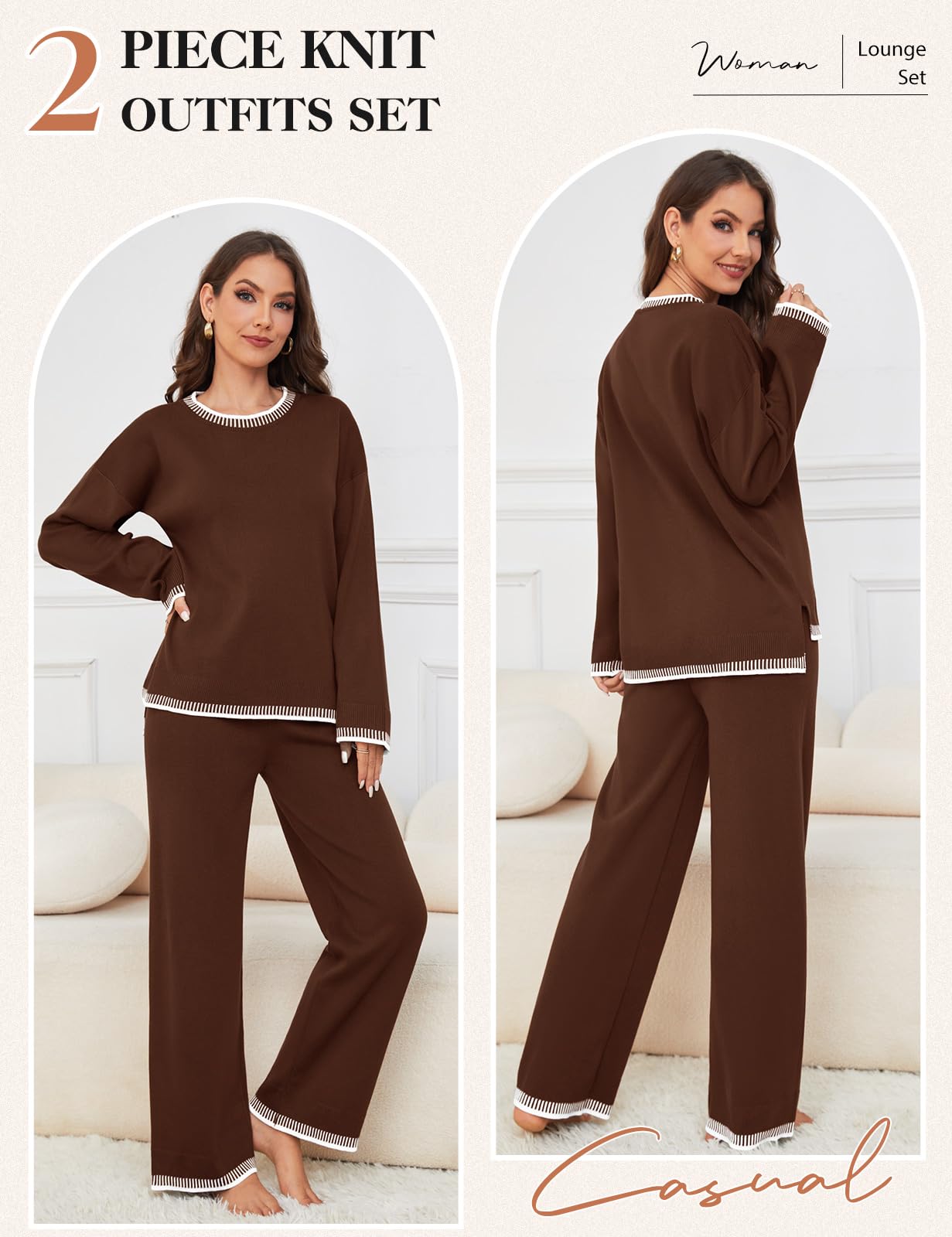 Xnova Completi Tuta in Maglia Donna 2 Pezzi Set, Loungewear Pantaloni a Gamba Larga e Maglia A Maniche Lunghe, Tute Maglione e Pantalone Elastico In Vita per Autunnale e Invernale